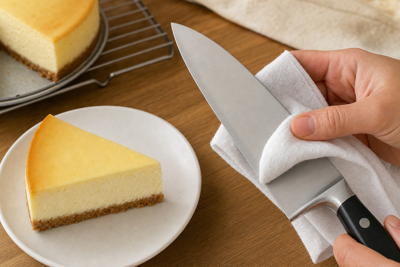 Warm dry knife ready to make a clean cheesecake cut