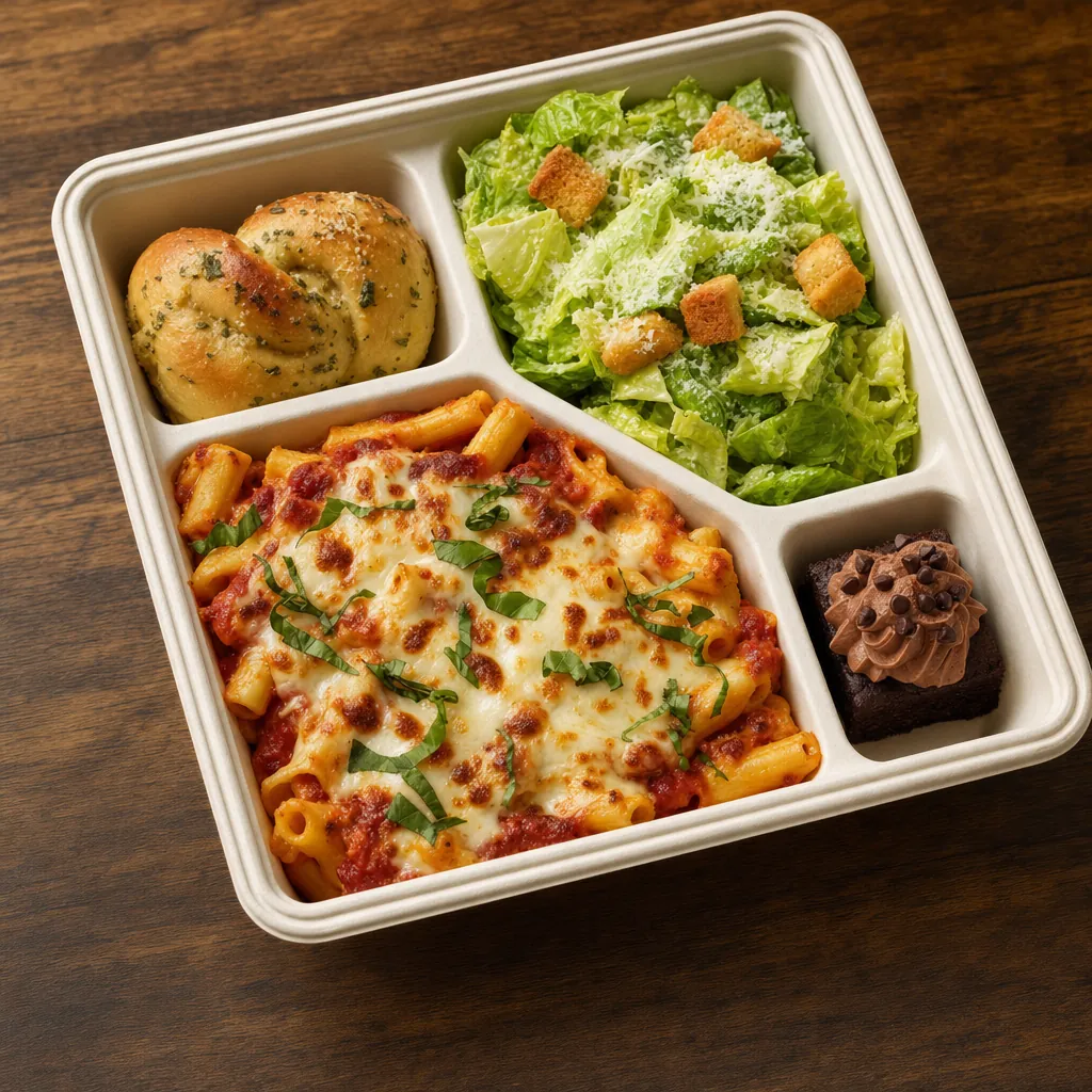 Baked ziti catering box with Caesar salad, garlic knot, and mini dessert