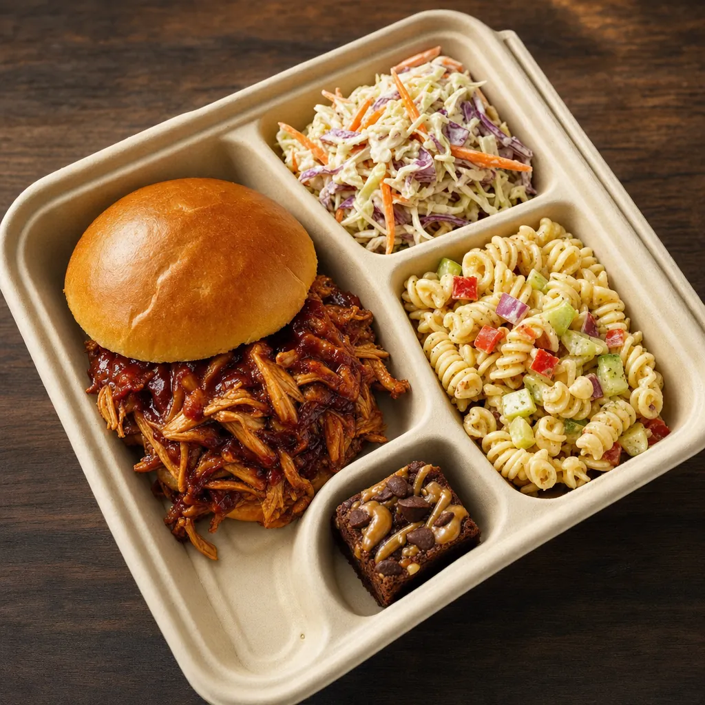 BBQ pulled chicken sandwich catering box with coleslaw and pasta salad