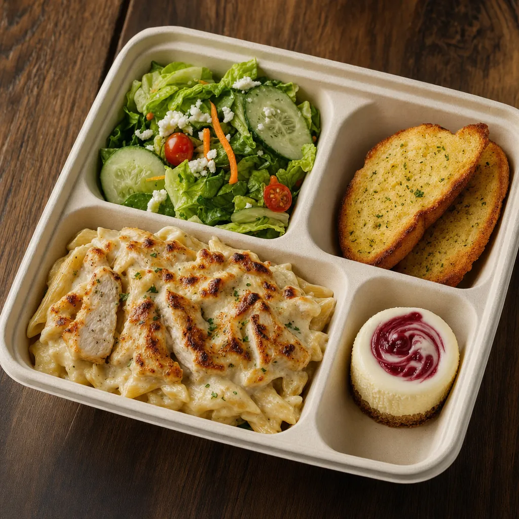 Chicken Alfredo catering box with salad, garlic bread, and a mini cheesecake