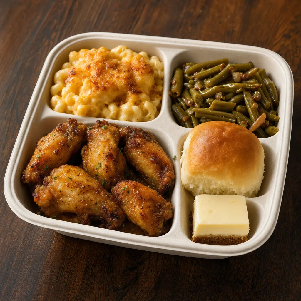 Southern comfort catering box with chicken wings, mac and cheese, green beans, and a dinner roll
