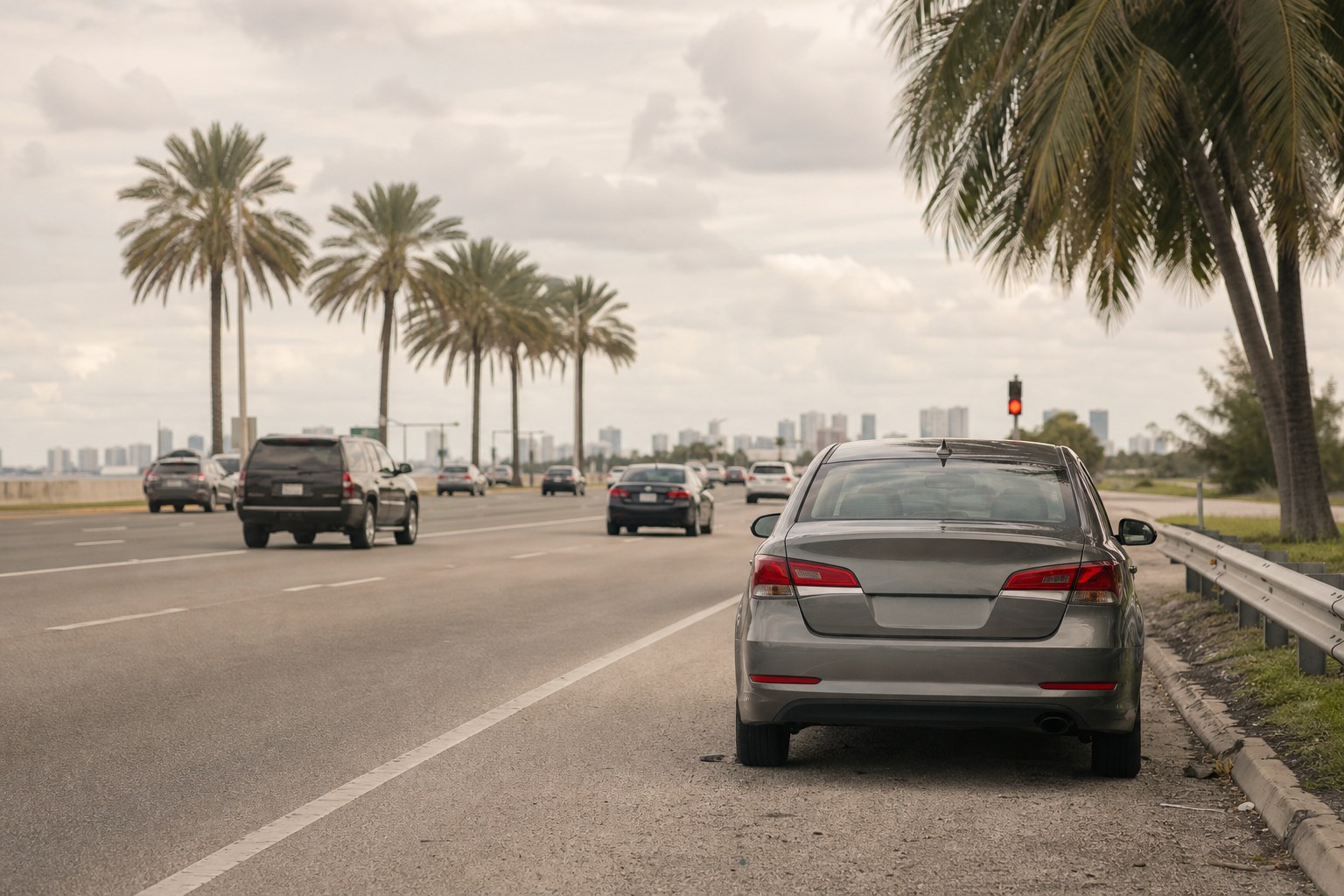 Car safely stopped off a Miami roadway