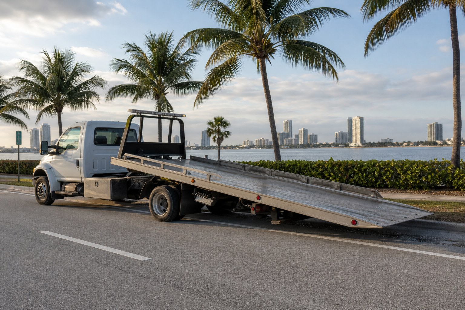 Flatbed tow truck staged safely on a Miami waterfront road