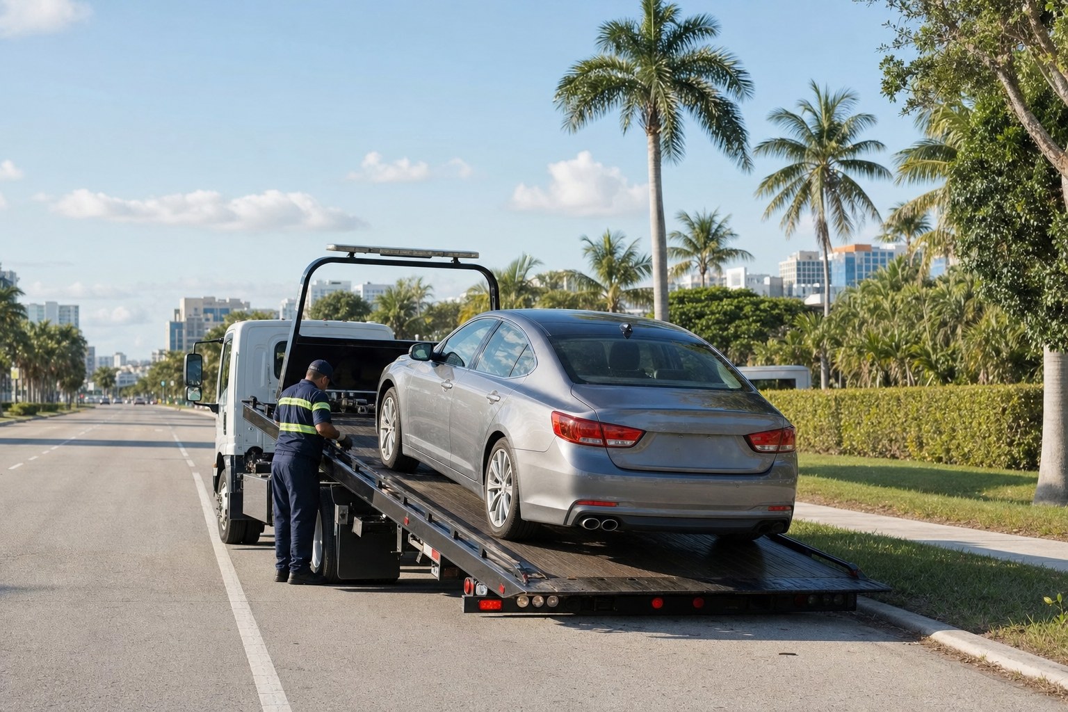 Illustrative flatbed tow truck loading a sedan on a Miami roadside