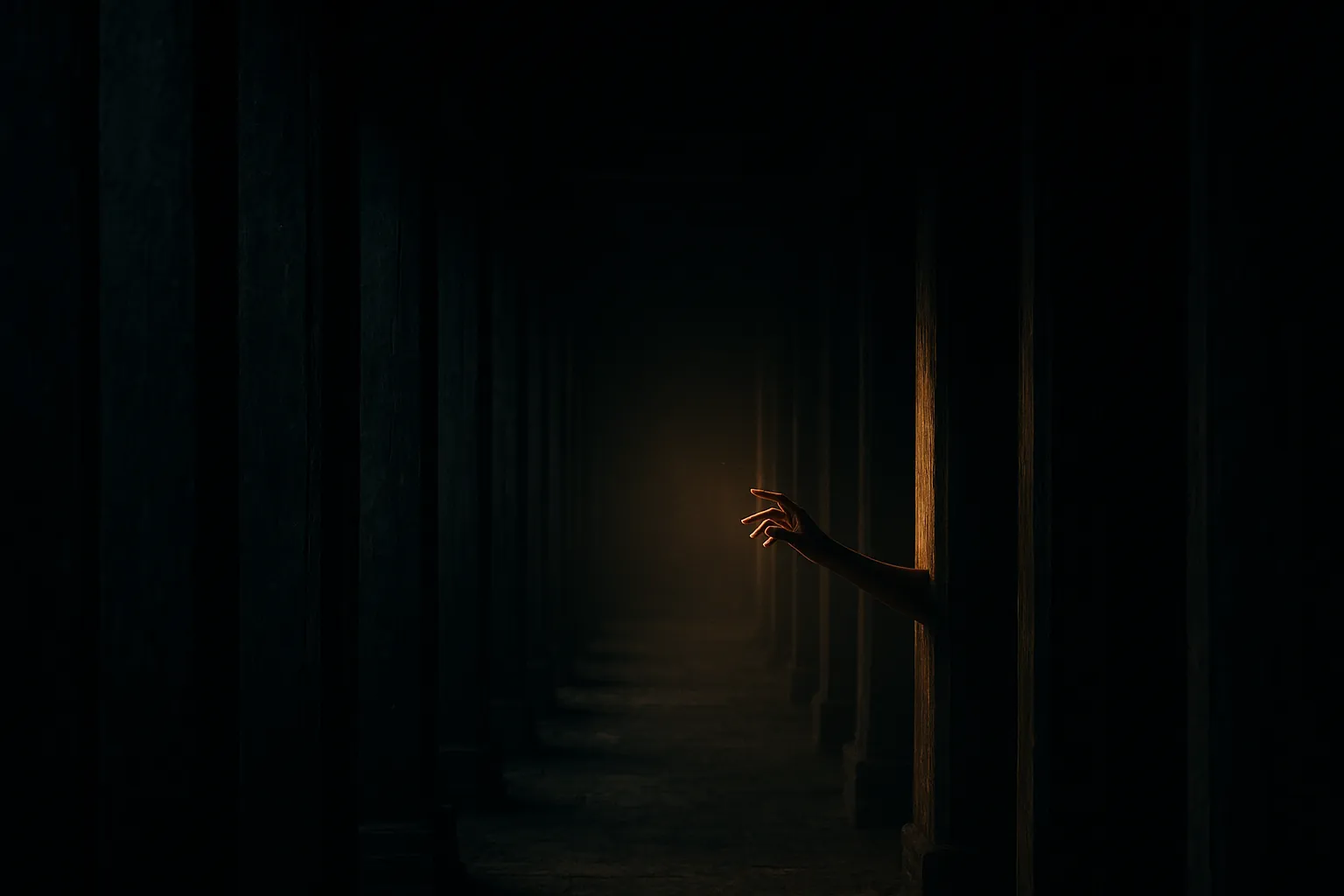 A hand reaching into light between architectural columns