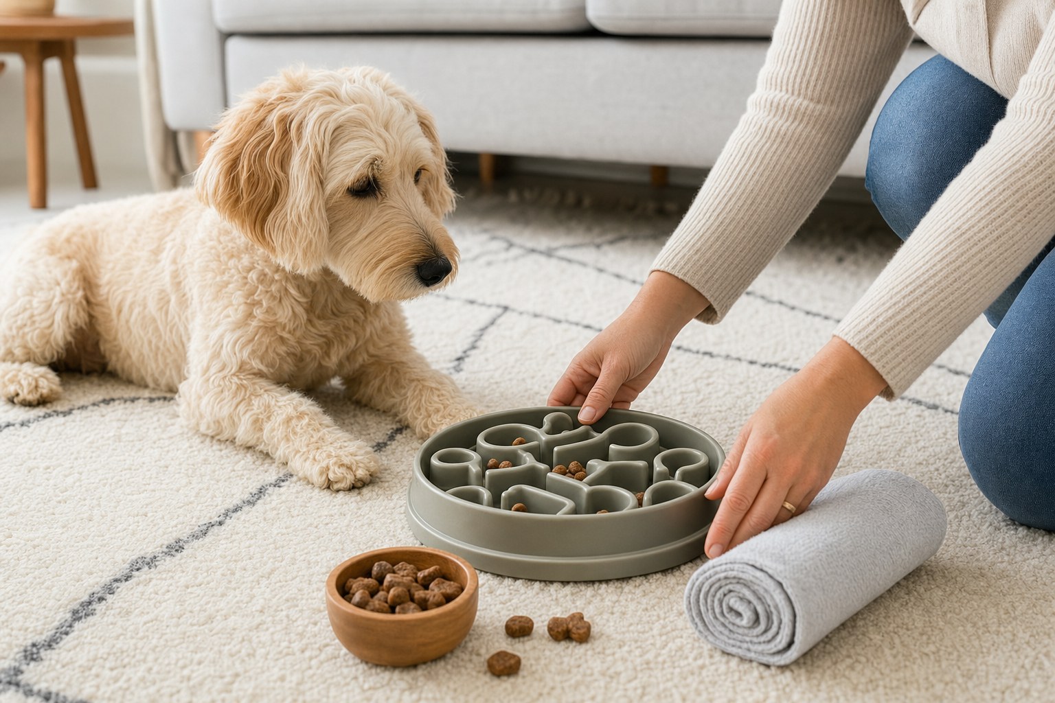 A dog watches as its person prepares a puzzle bowl and towel game at home.