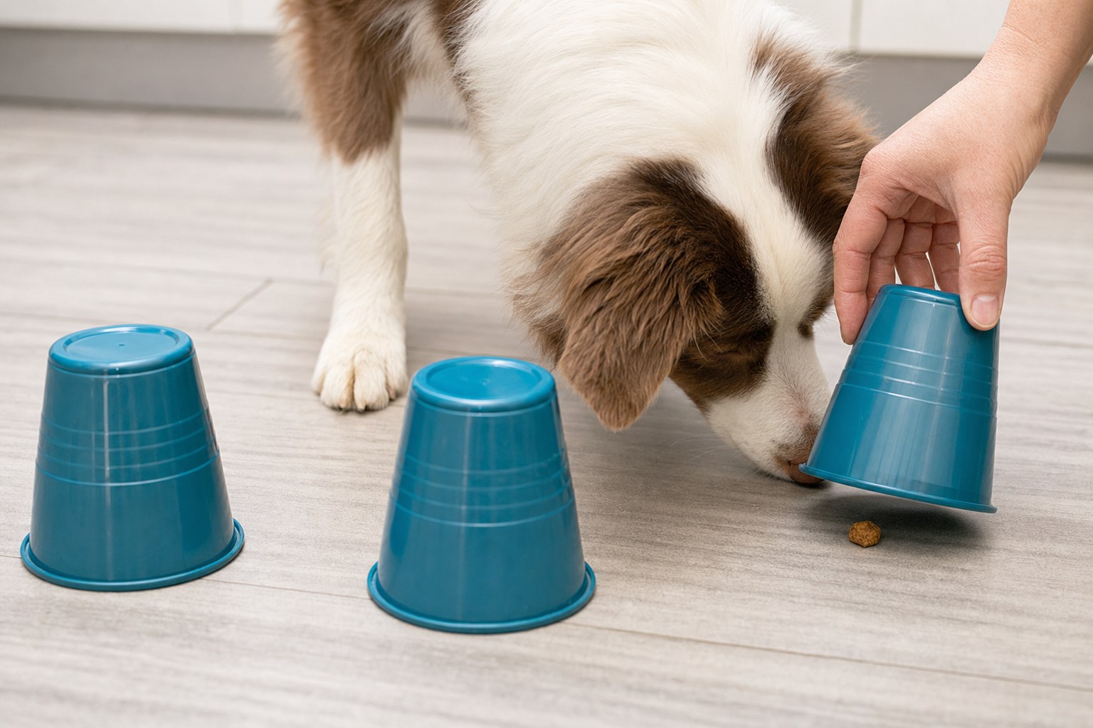 A dog searches for a treat during a simple three-cup scent game.