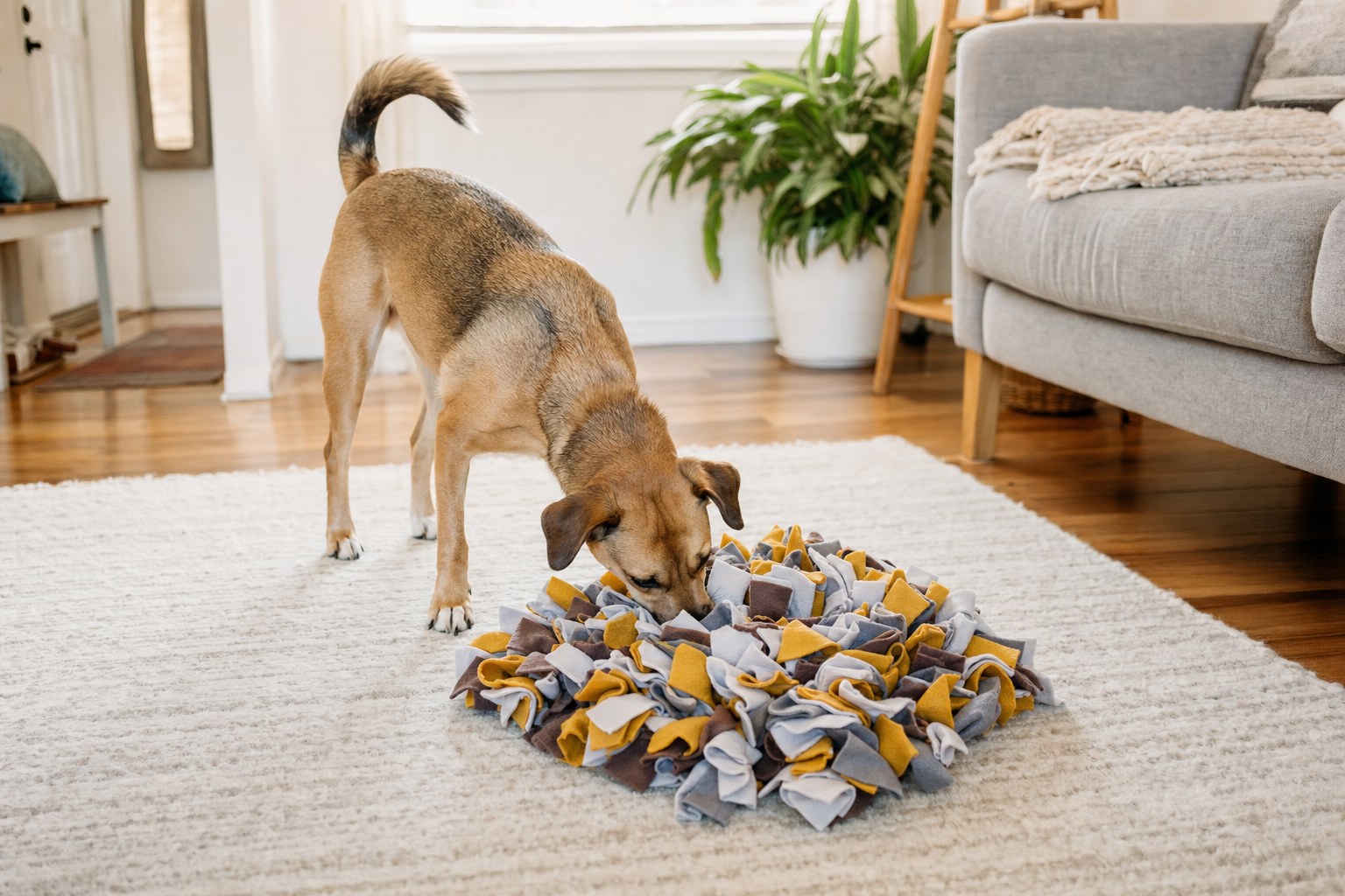 A dog searches a fleece snuffle mat for treats in a sunny living room.
