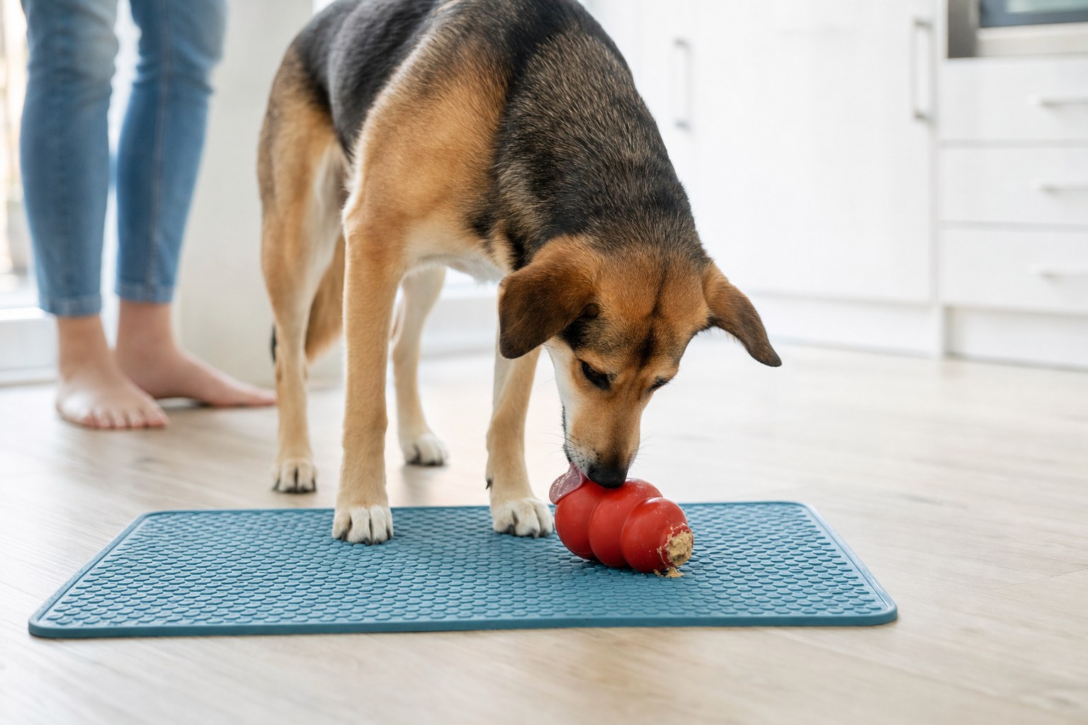 A dog works on a food-filled enrichment toy on a washable mat while supervised.