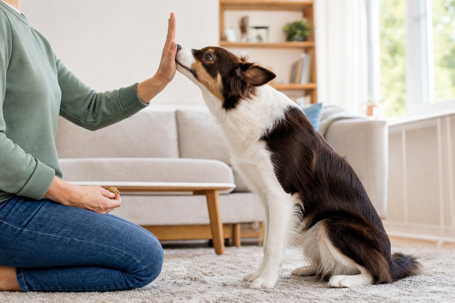 A dog practices a hand-target training game with its person.