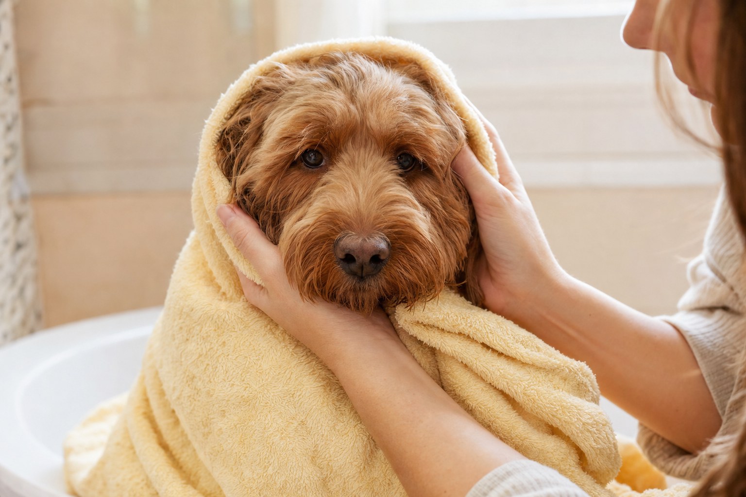 A shaggy dog wrapped in a soft yellow towel