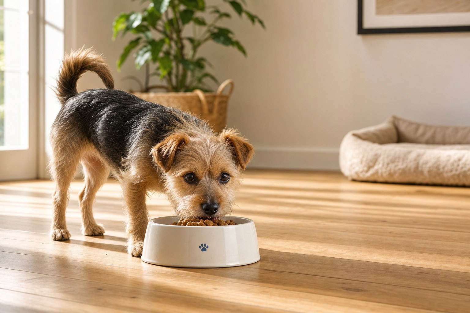 A small dog enjoying a meal from a ceramic bowl