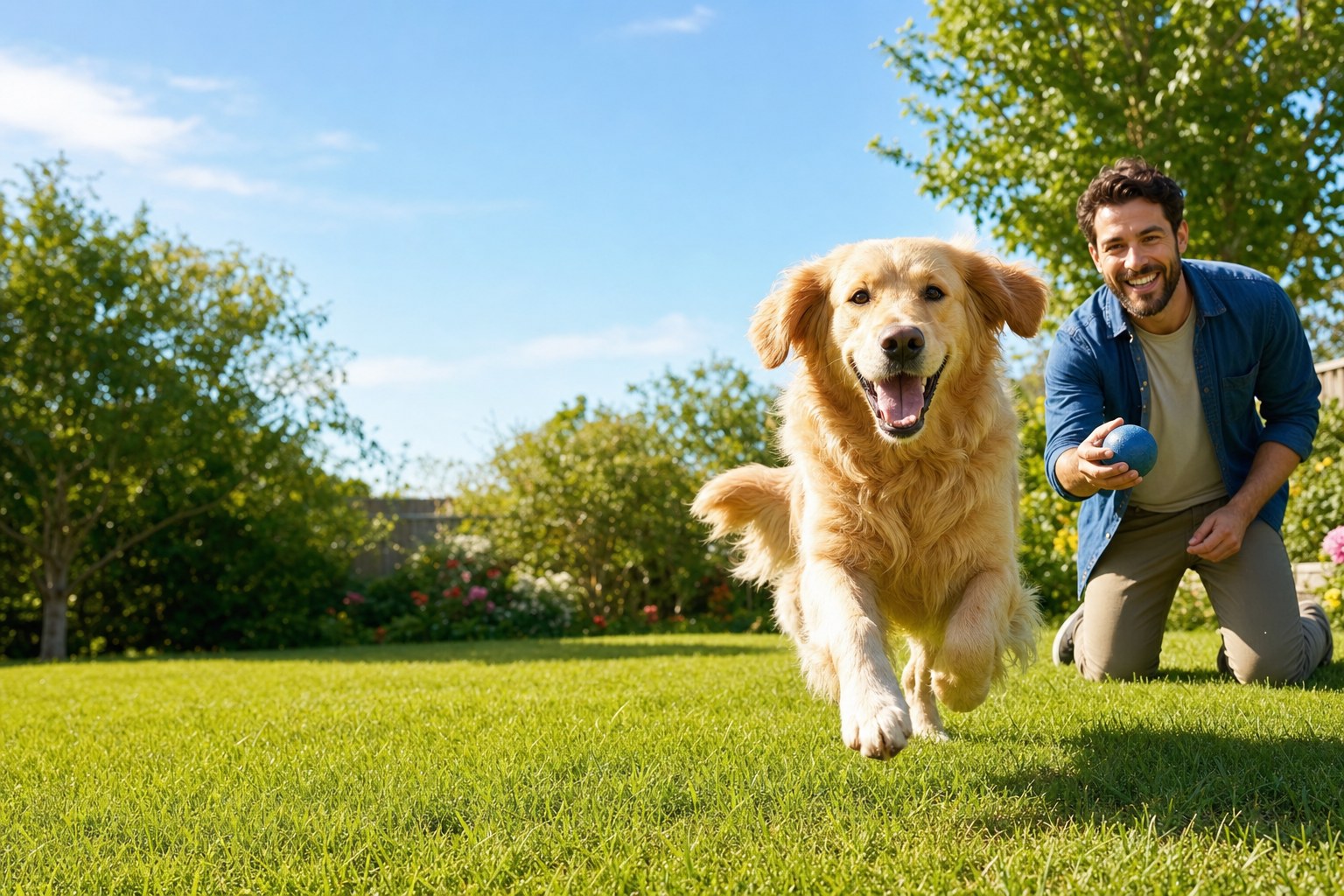 A golden retriever racing across a sunny backyard while its owner plays with a ball