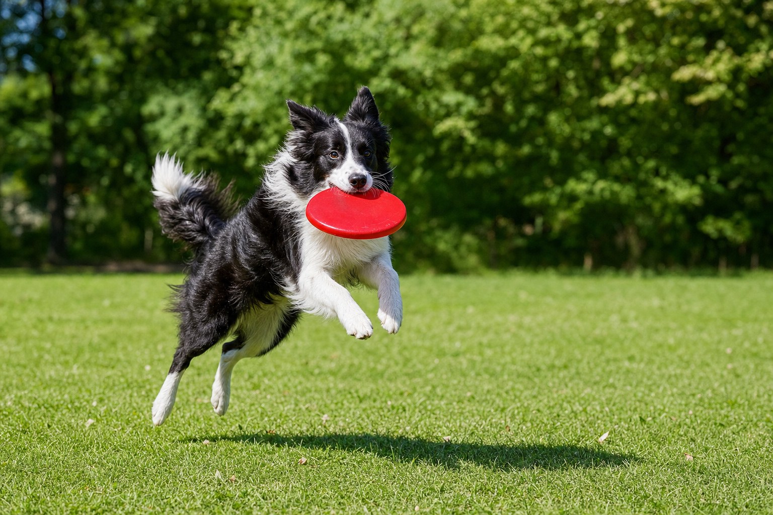 A black and white dog catching a red flying disc