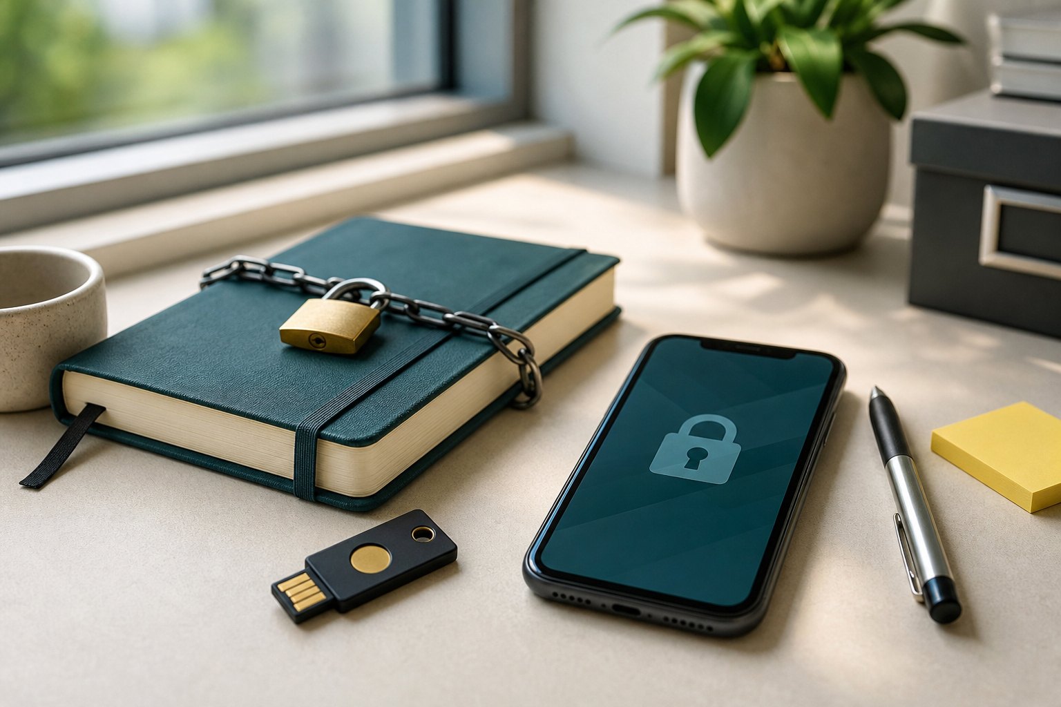 Hardware security key, locked notebook and phone on a business desk