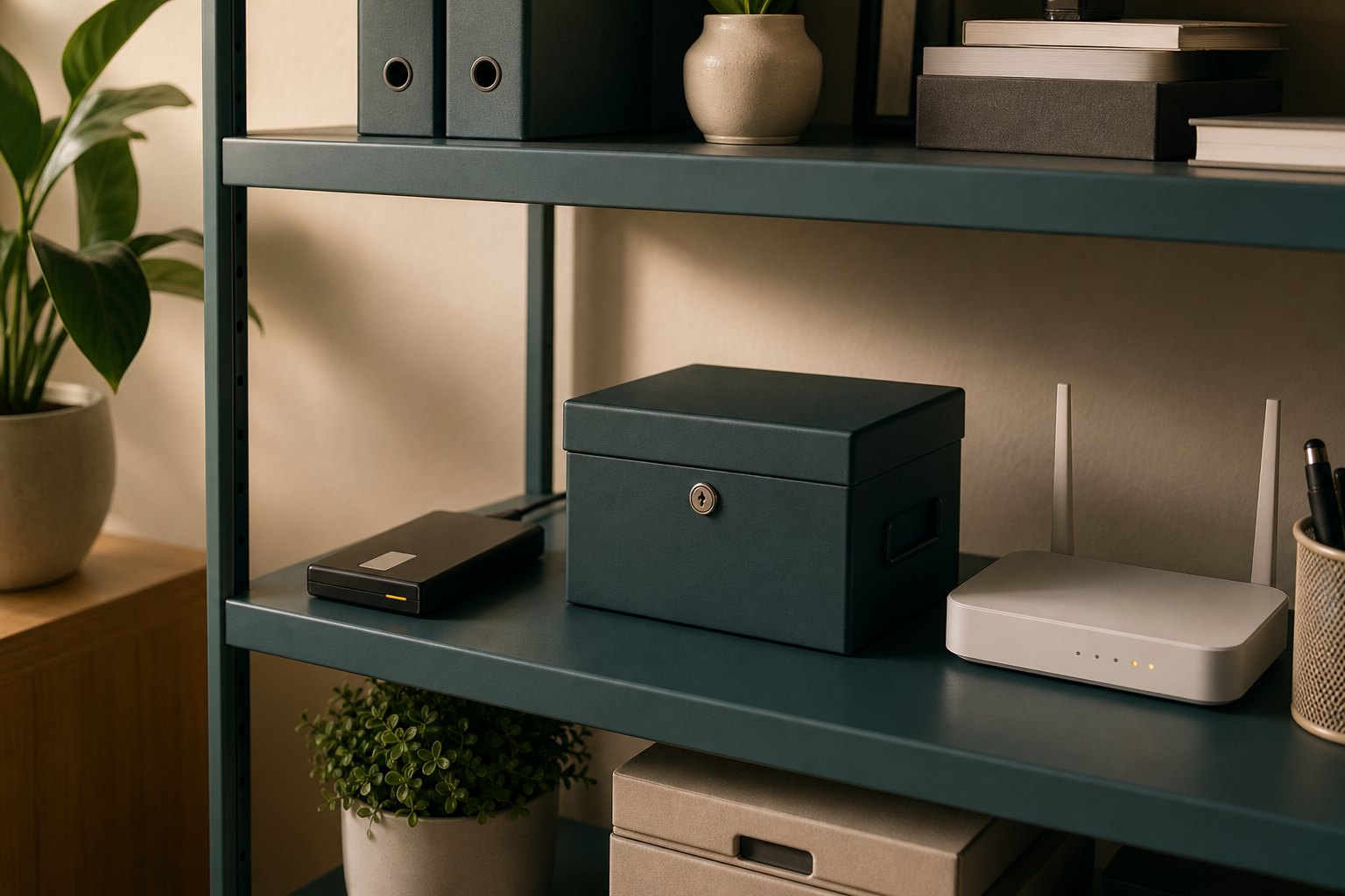 Organized office shelf with backup drive, secure box and router