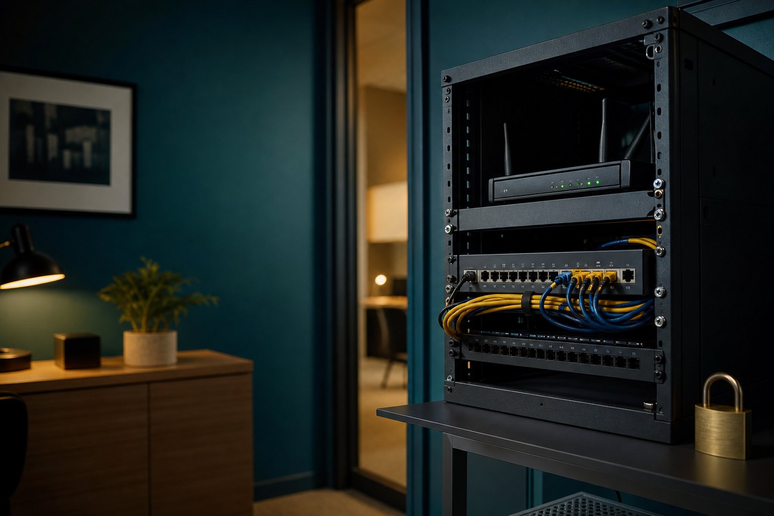 Small office network rack with neatly organized cables