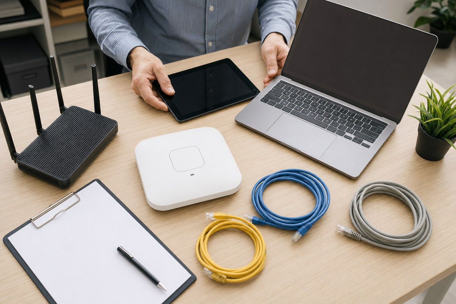 Business devices and network equipment arranged for an inventory review