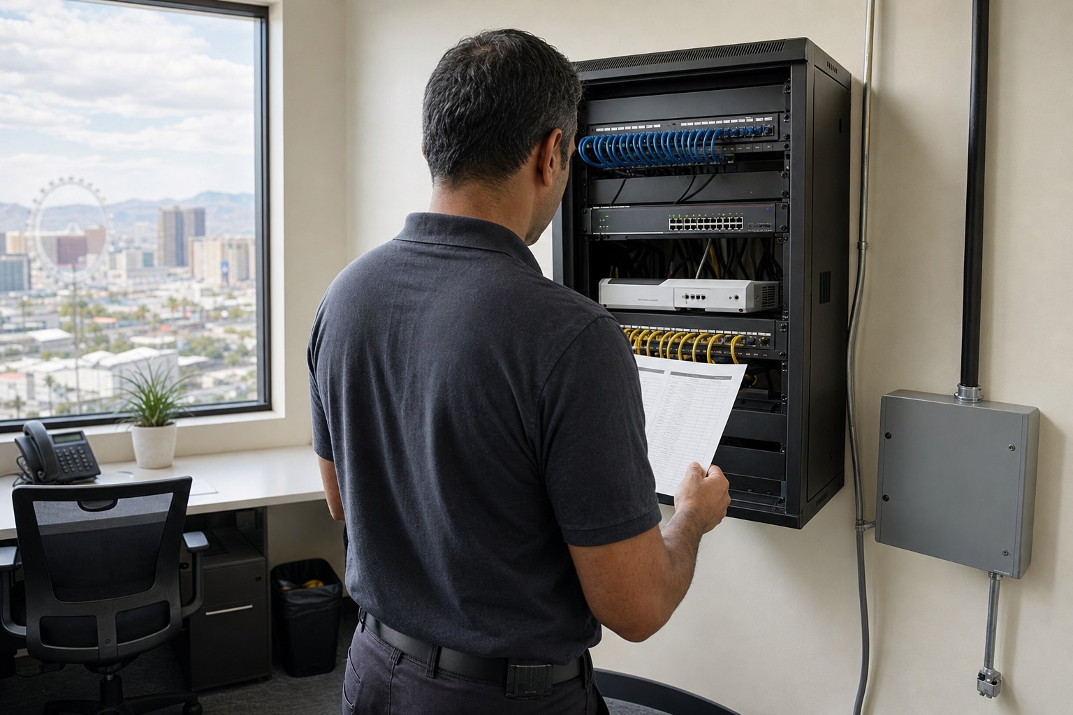 Technician reviewing organized business network equipment