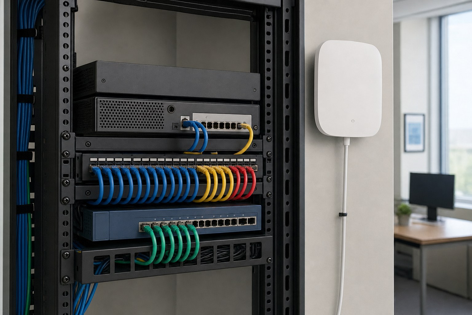 Organized business network rack with managed switches and access point