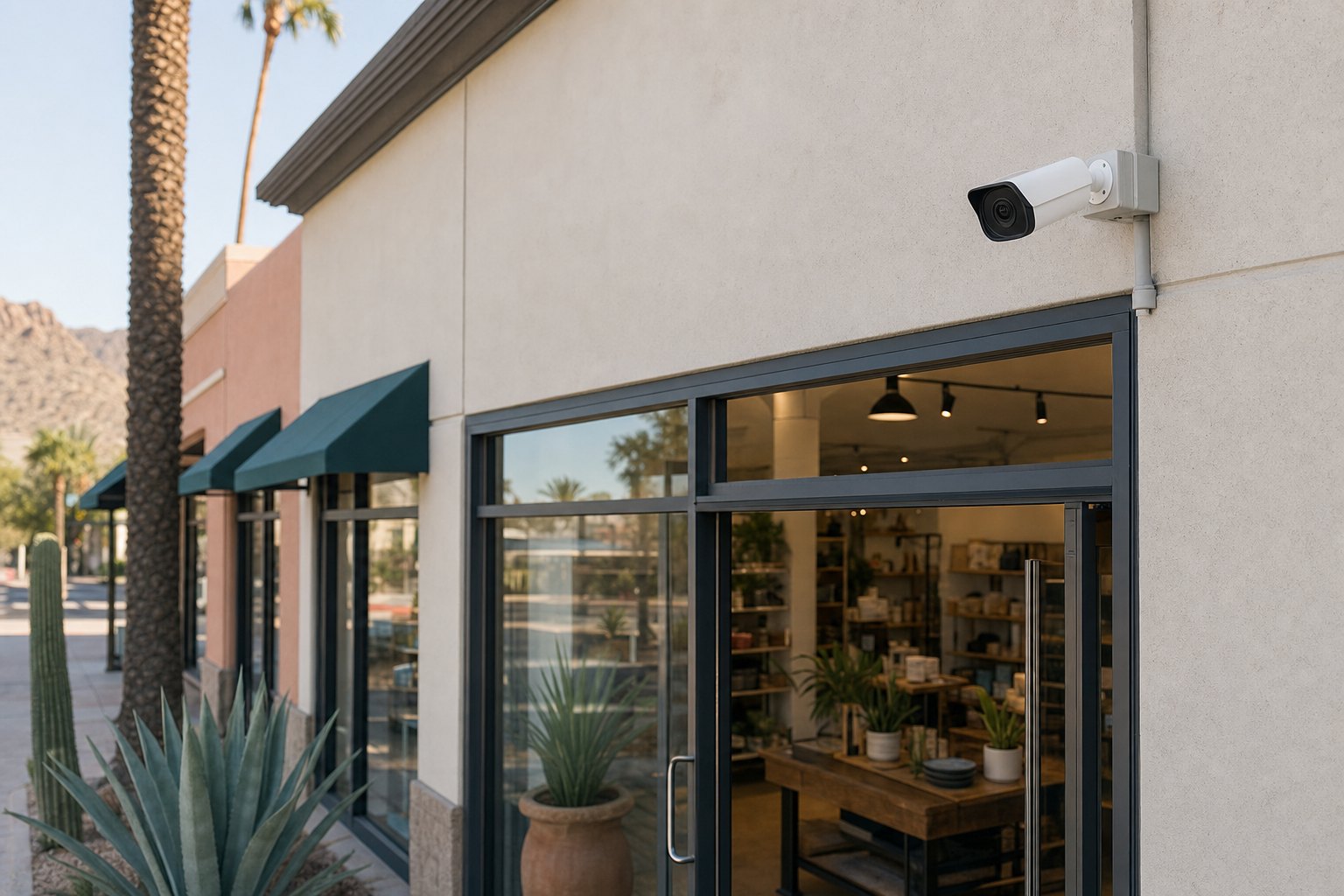 Commercial security camera at a retail entrance