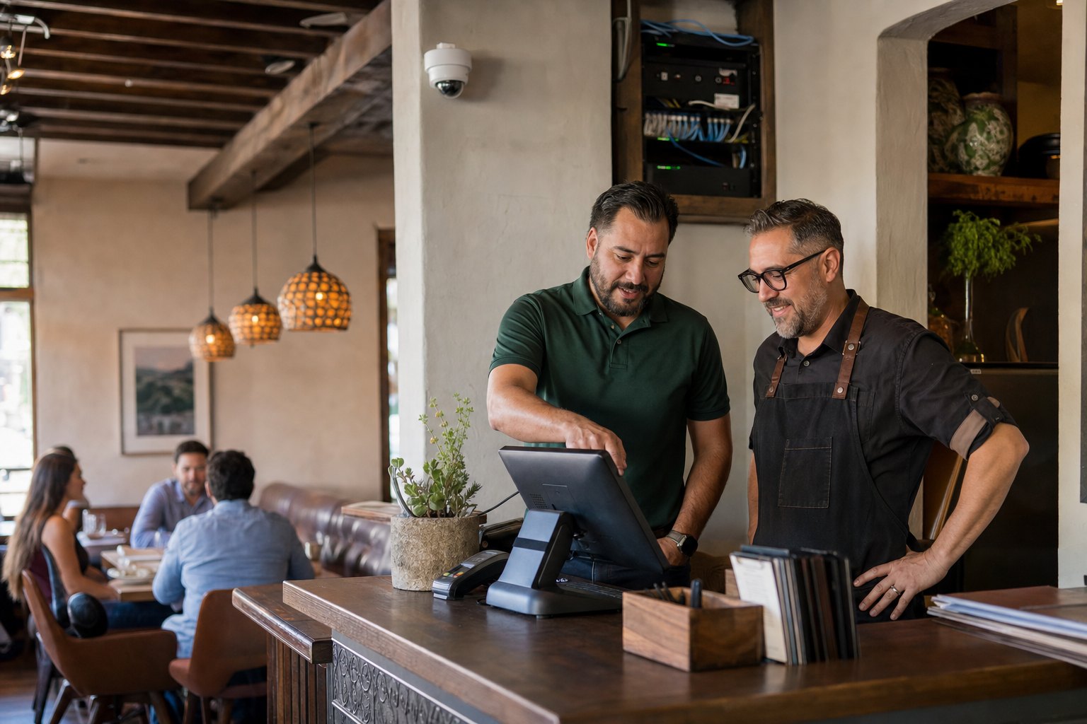 Matrix technician helping a restaurant owner use a point-of-sale terminal