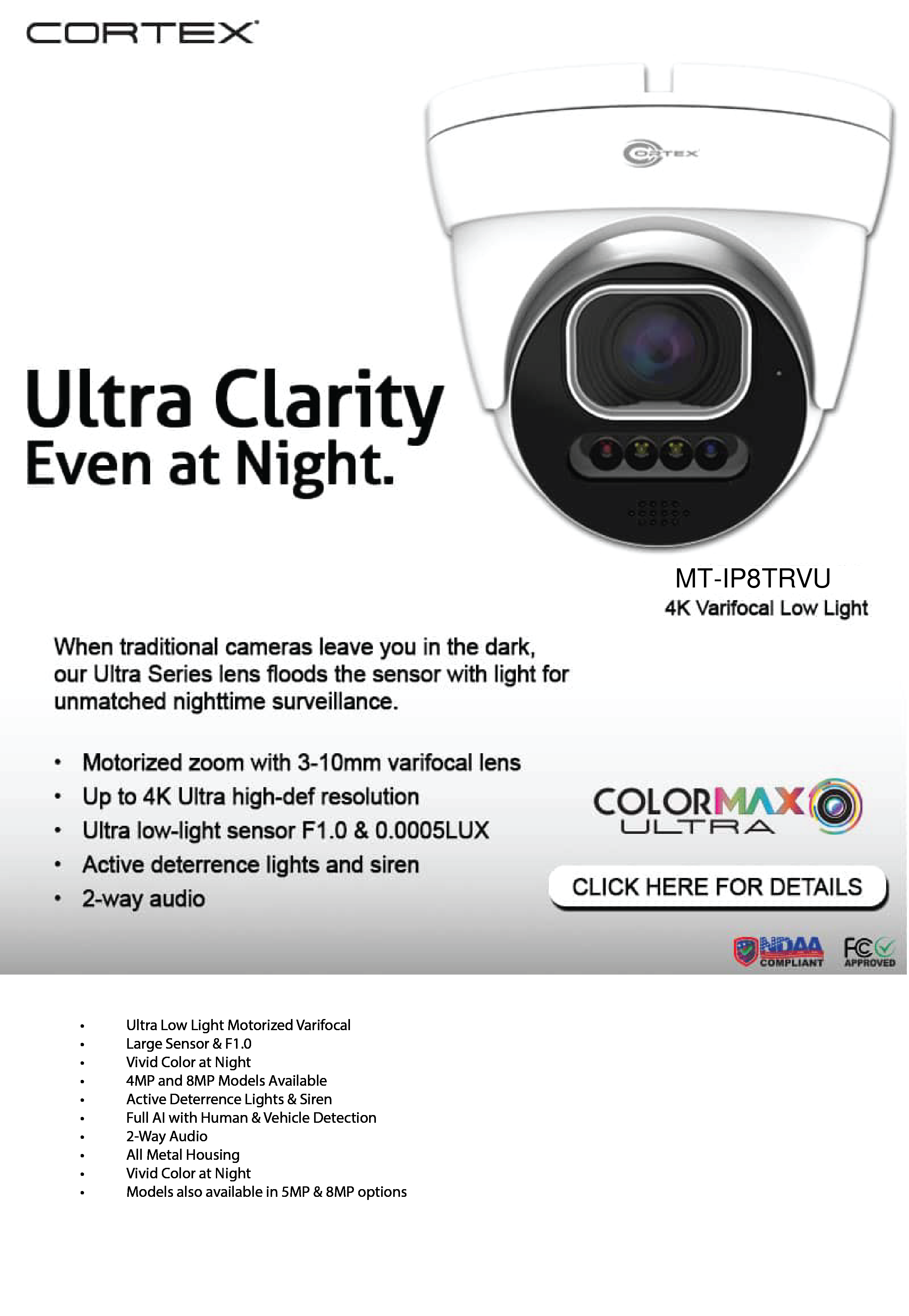 MT-IP8TRVU white turret camera with 4K low-light imaging, motorized zoom and two-way audio
