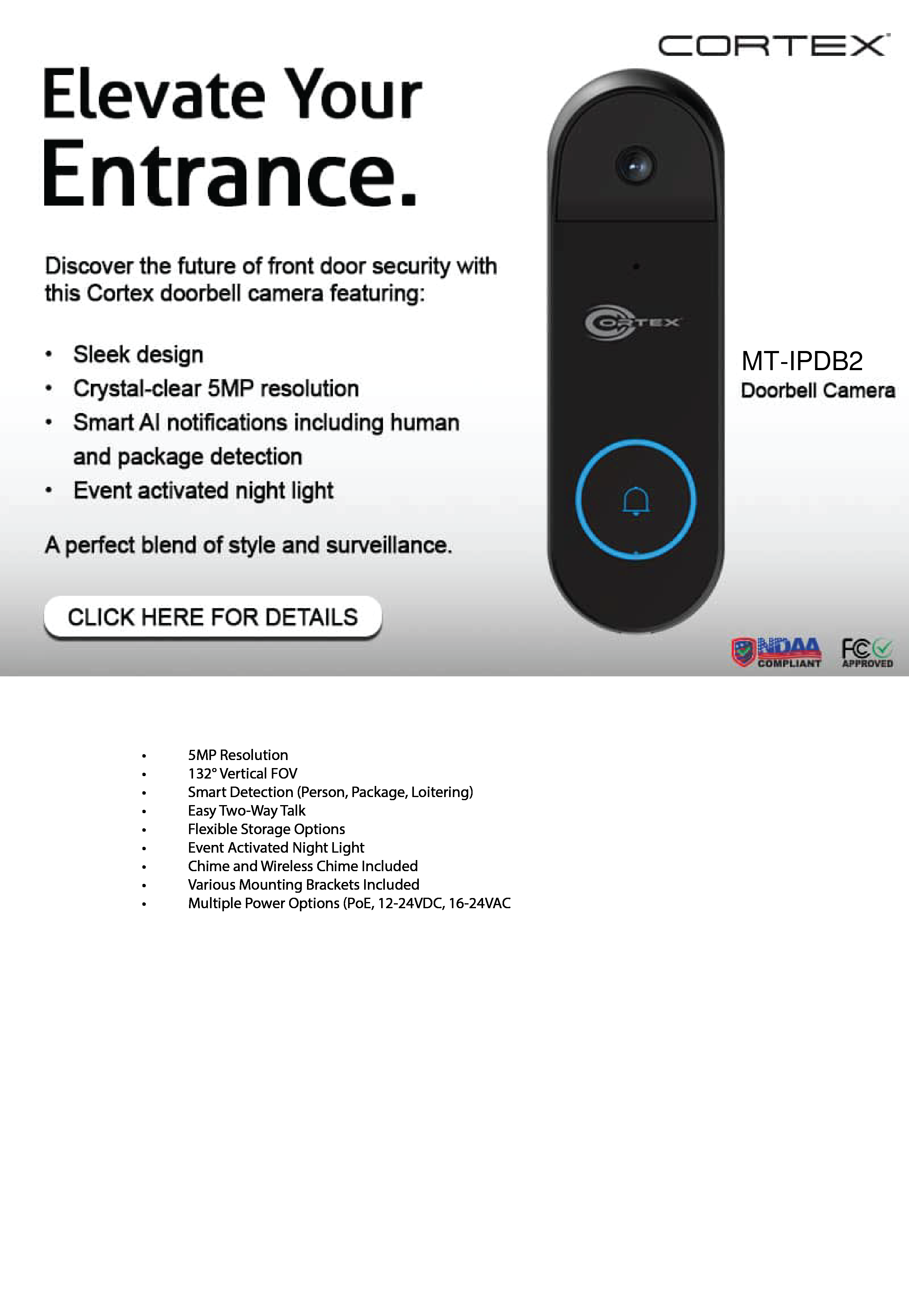 MT-IPDB2 black doorbell camera with illuminated blue bell button and product features