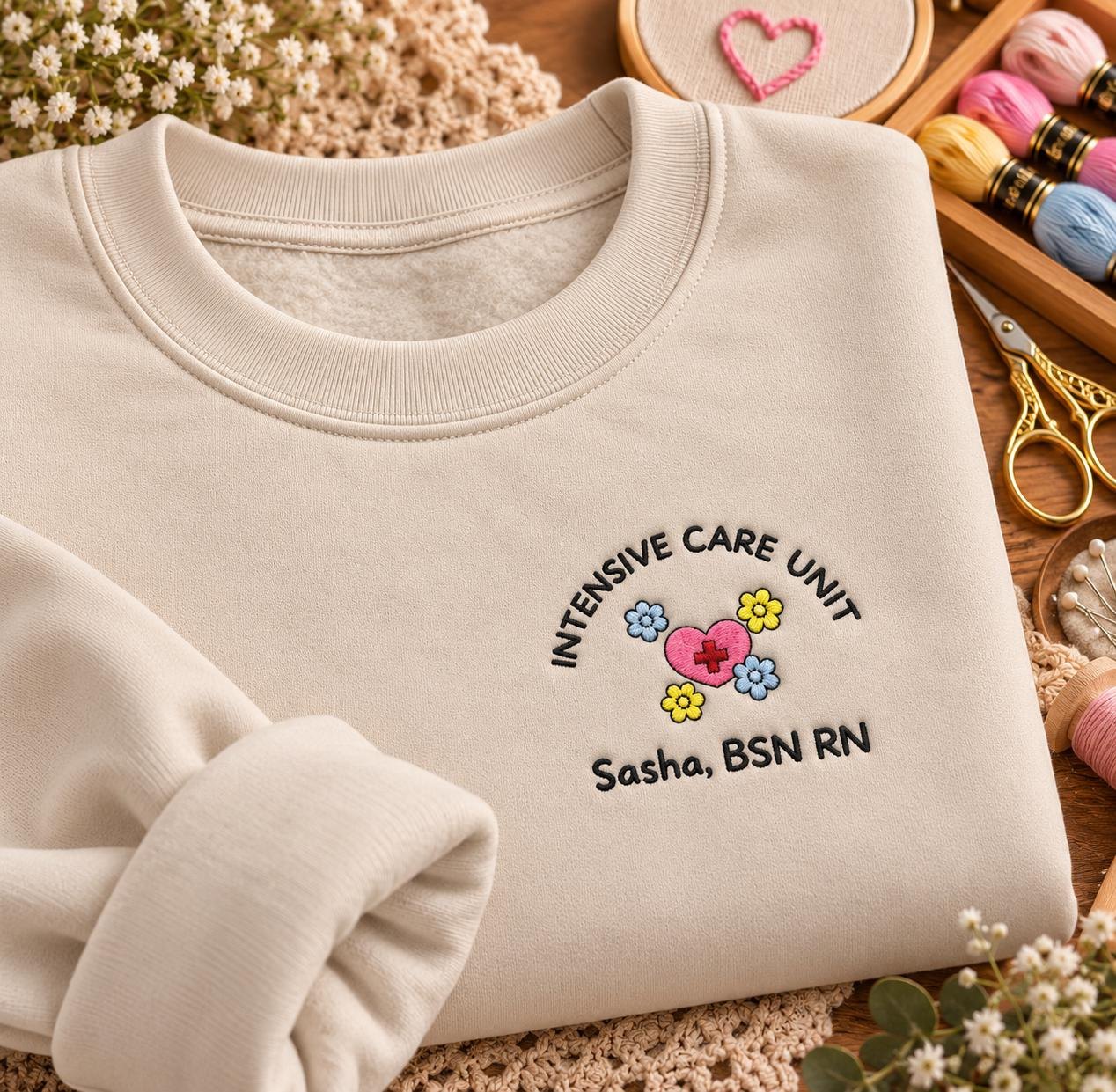 Custom , Embroidered ICU BSN RN Gift, Charming Heart Design