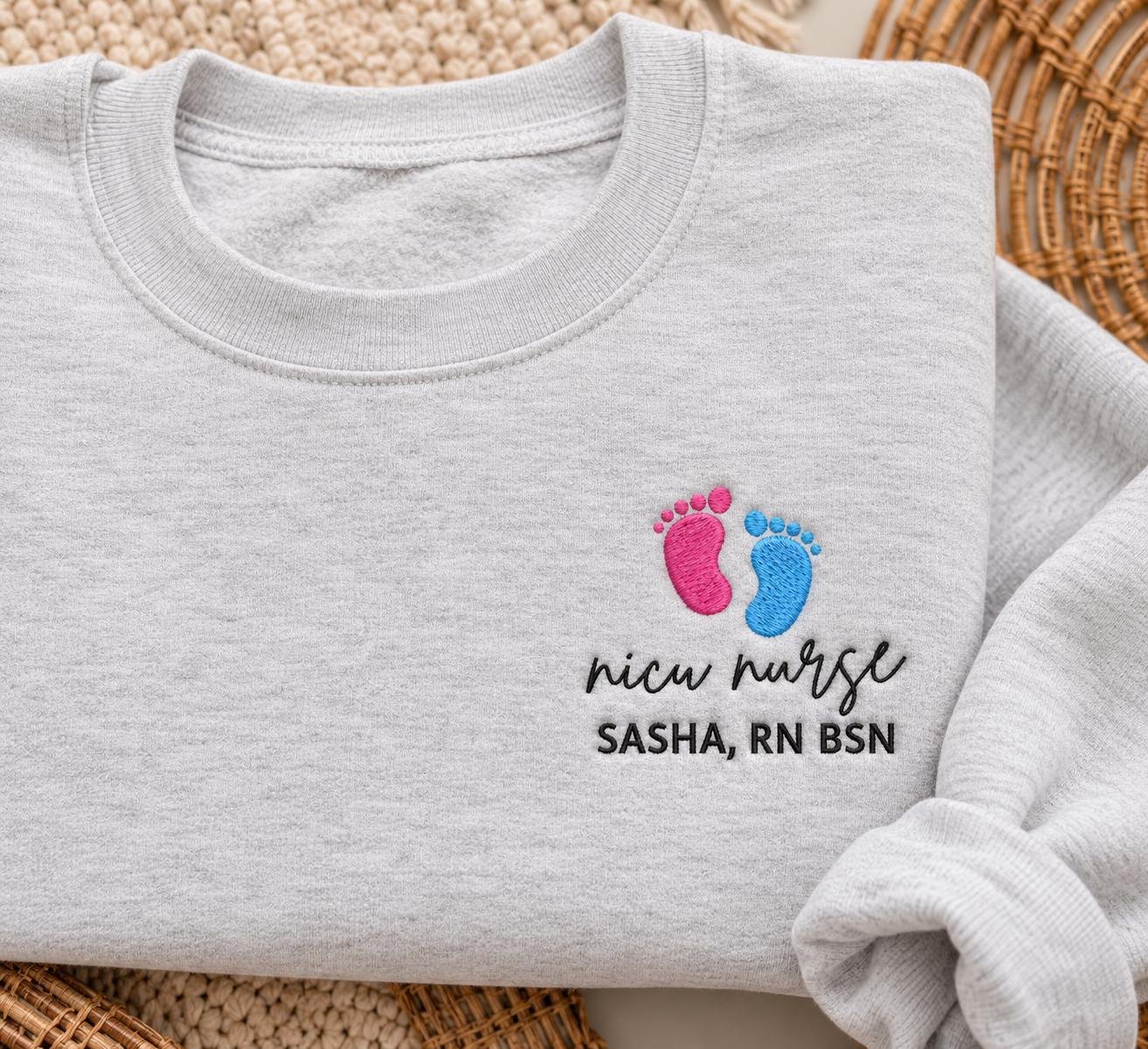 Custom NICU Nurse Crewneck , Blue Pink Footprints, RN Gift