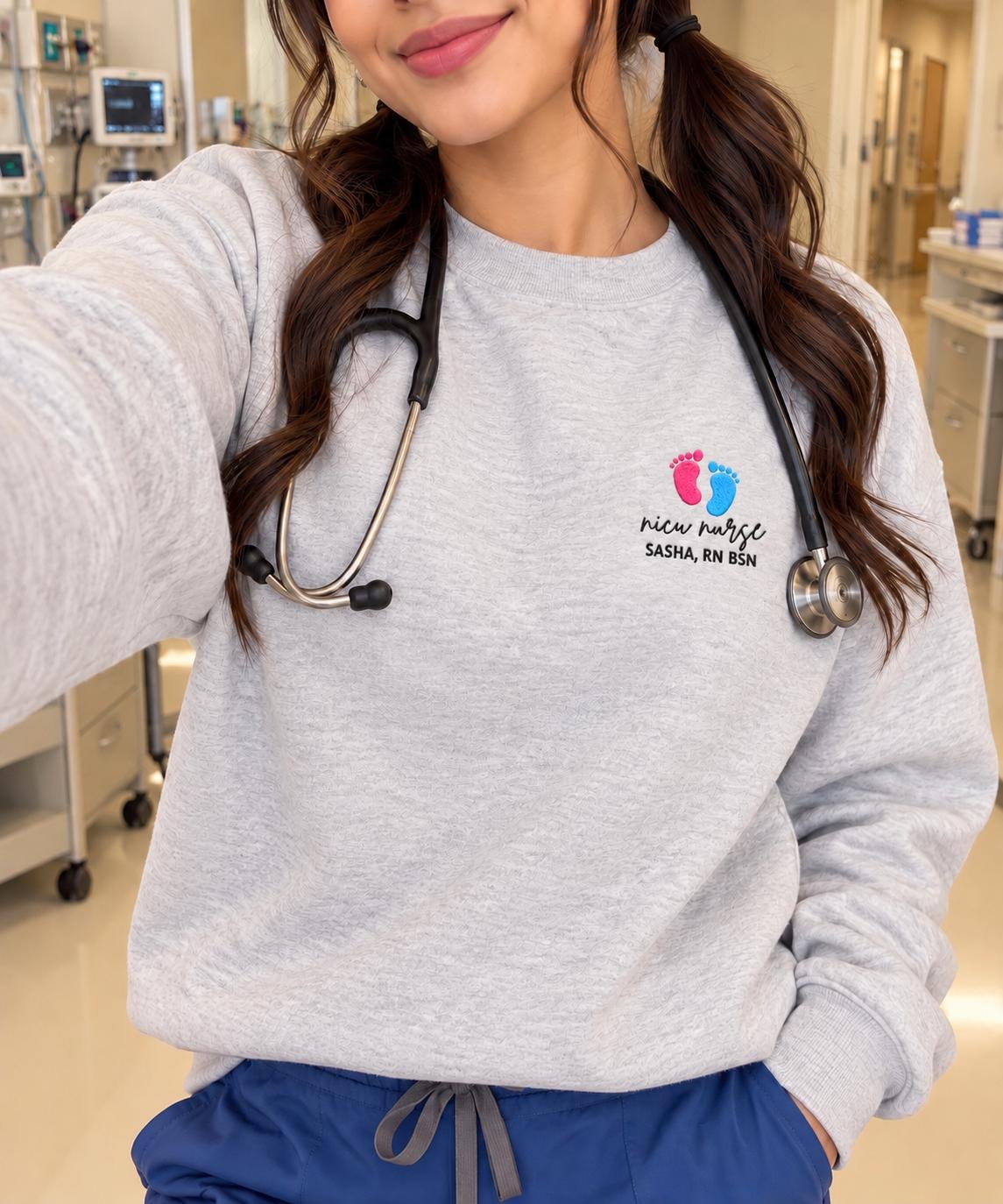 Custom NICU Nurse Crewneck , Blue Pink Footprints, RN Gift detail 2