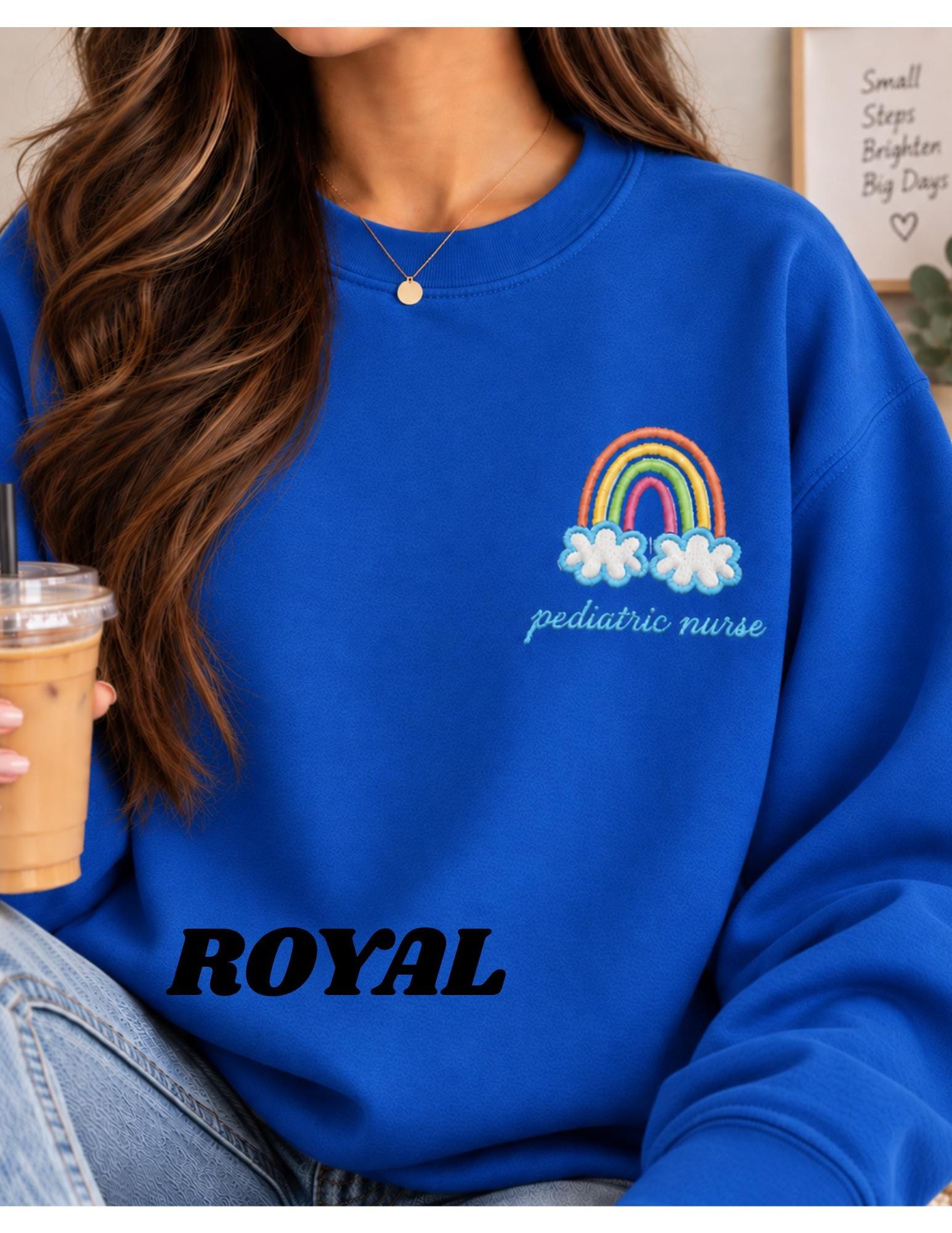Pediatric nurse Rainbow Cloud Illustration Crewneck, new grad RN nurses week gift detail 13