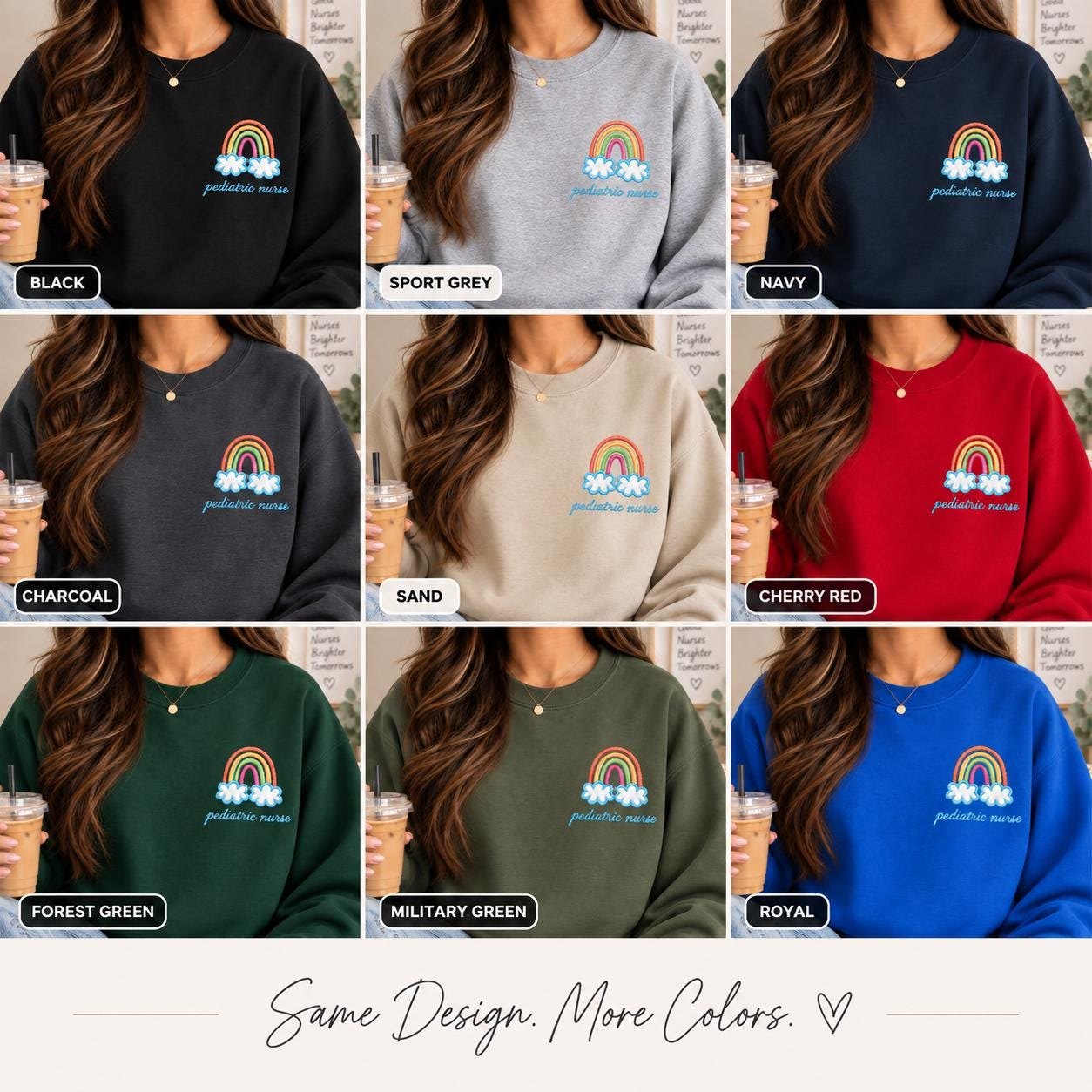 Pediatric nurse Rainbow Cloud Illustration Crewneck, new grad RN nurses week gift detail 14