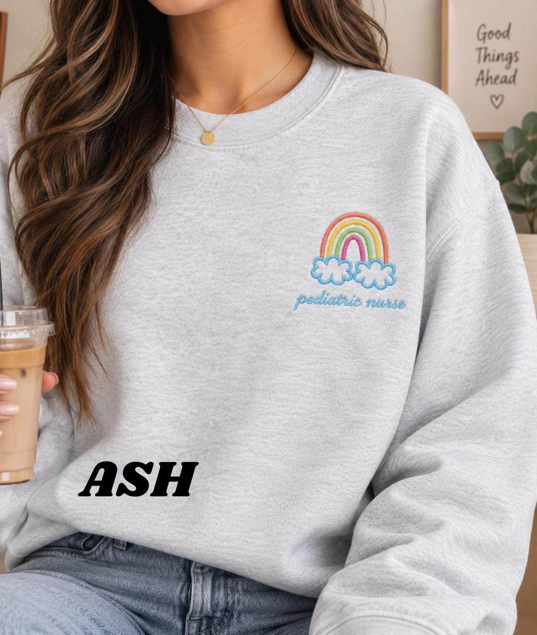 Pediatric nurse Rainbow Cloud Illustration Crewneck, new grad RN nurses week gift detail 4