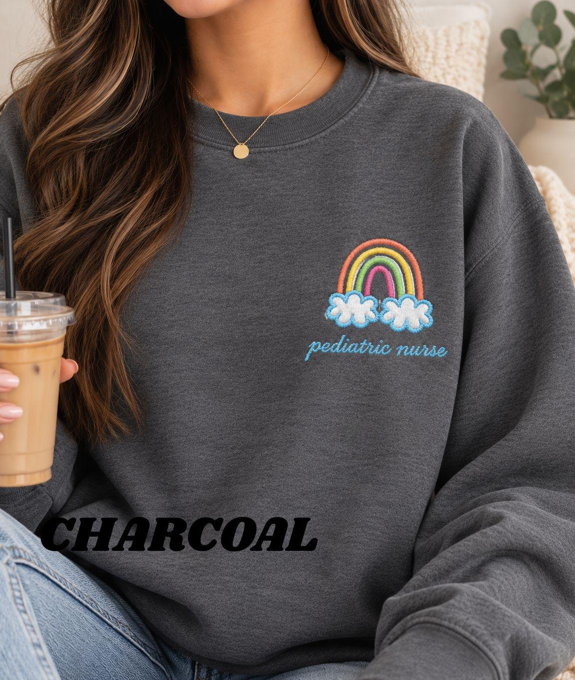 Pediatric nurse Rainbow Cloud Illustration Crewneck, new grad RN nurses week gift detail 5