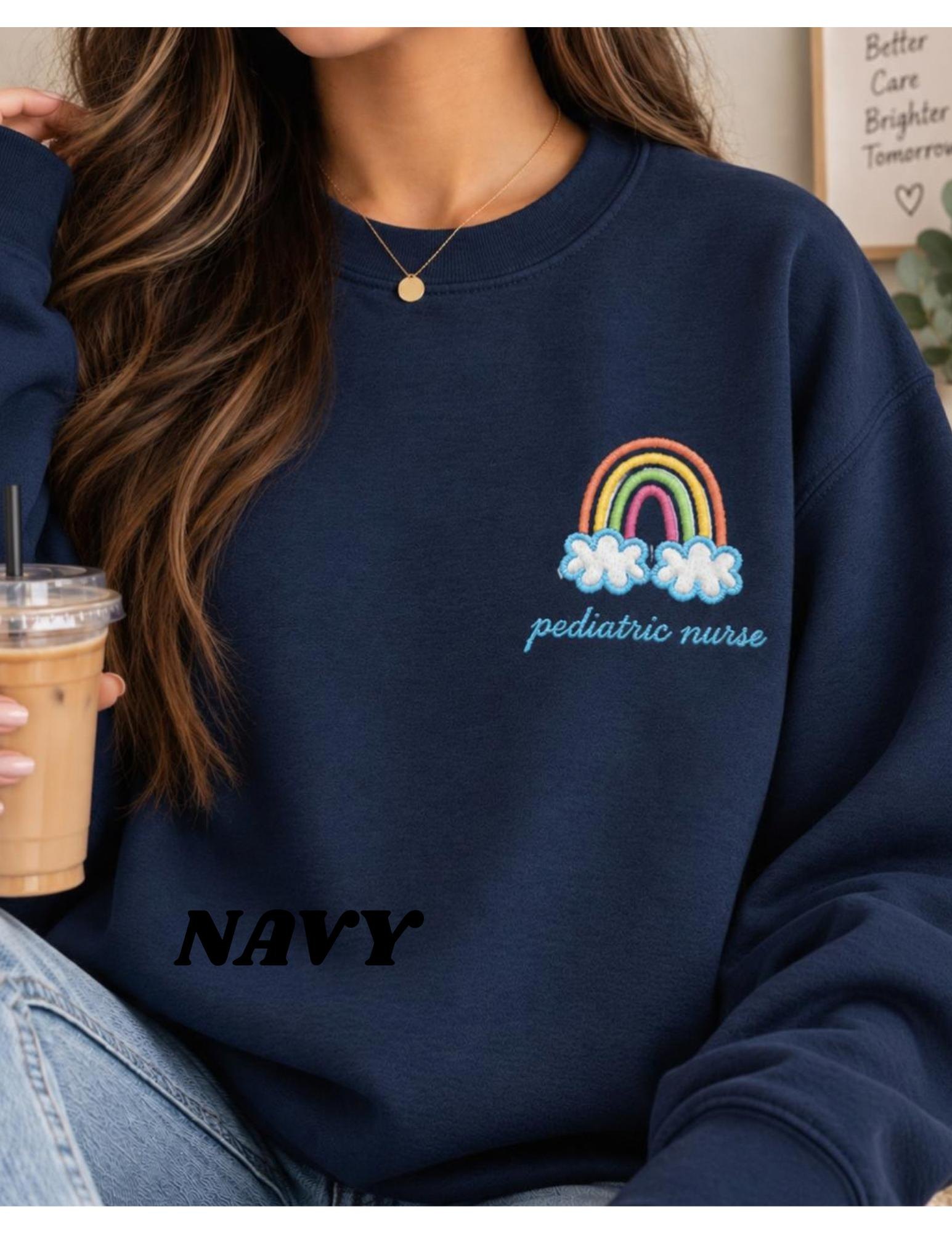 Pediatric nurse Rainbow Cloud Illustration Crewneck, new grad RN nurses week gift detail 6