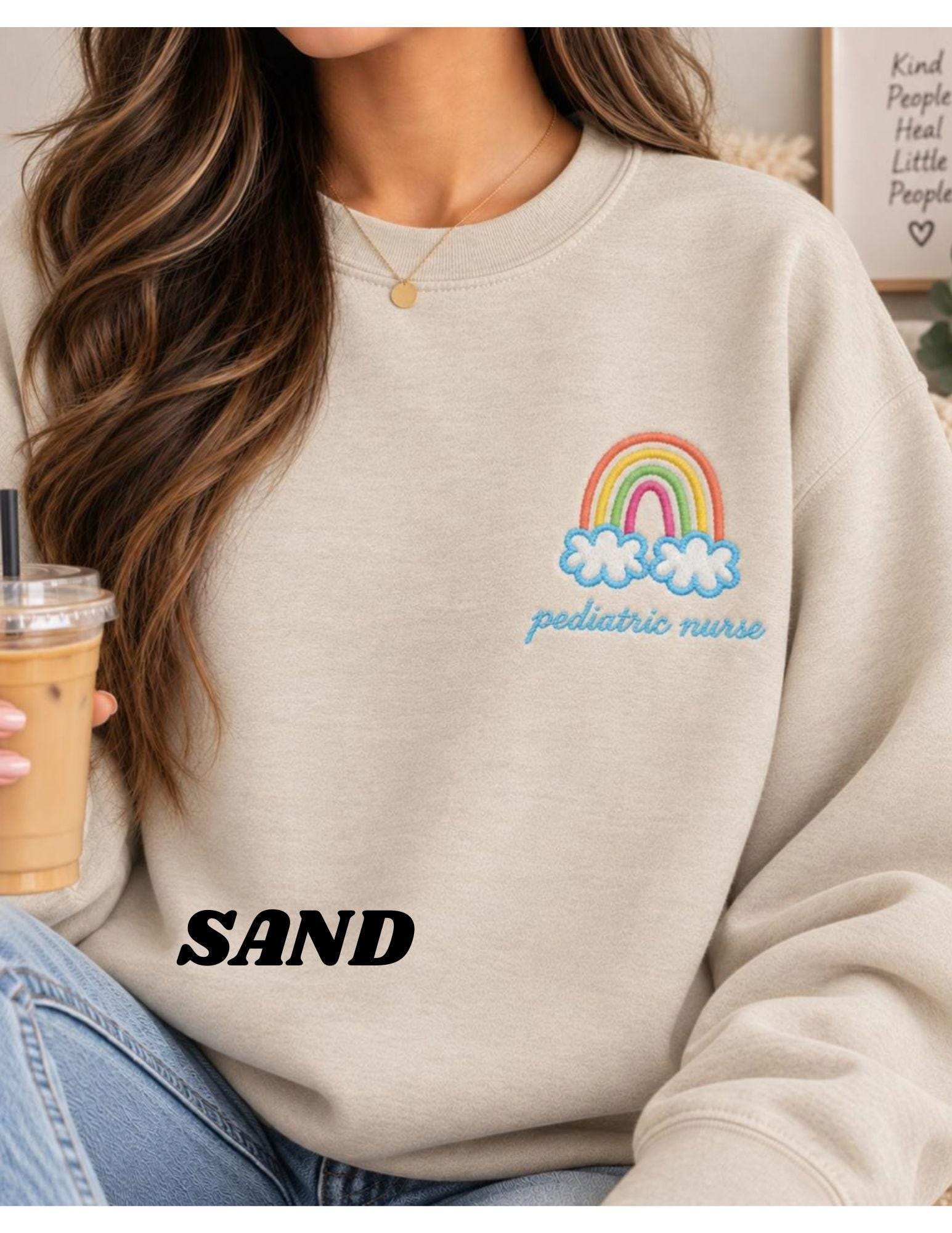 Pediatric nurse Rainbow Cloud Illustration Crewneck, new grad RN nurses week gift detail 7