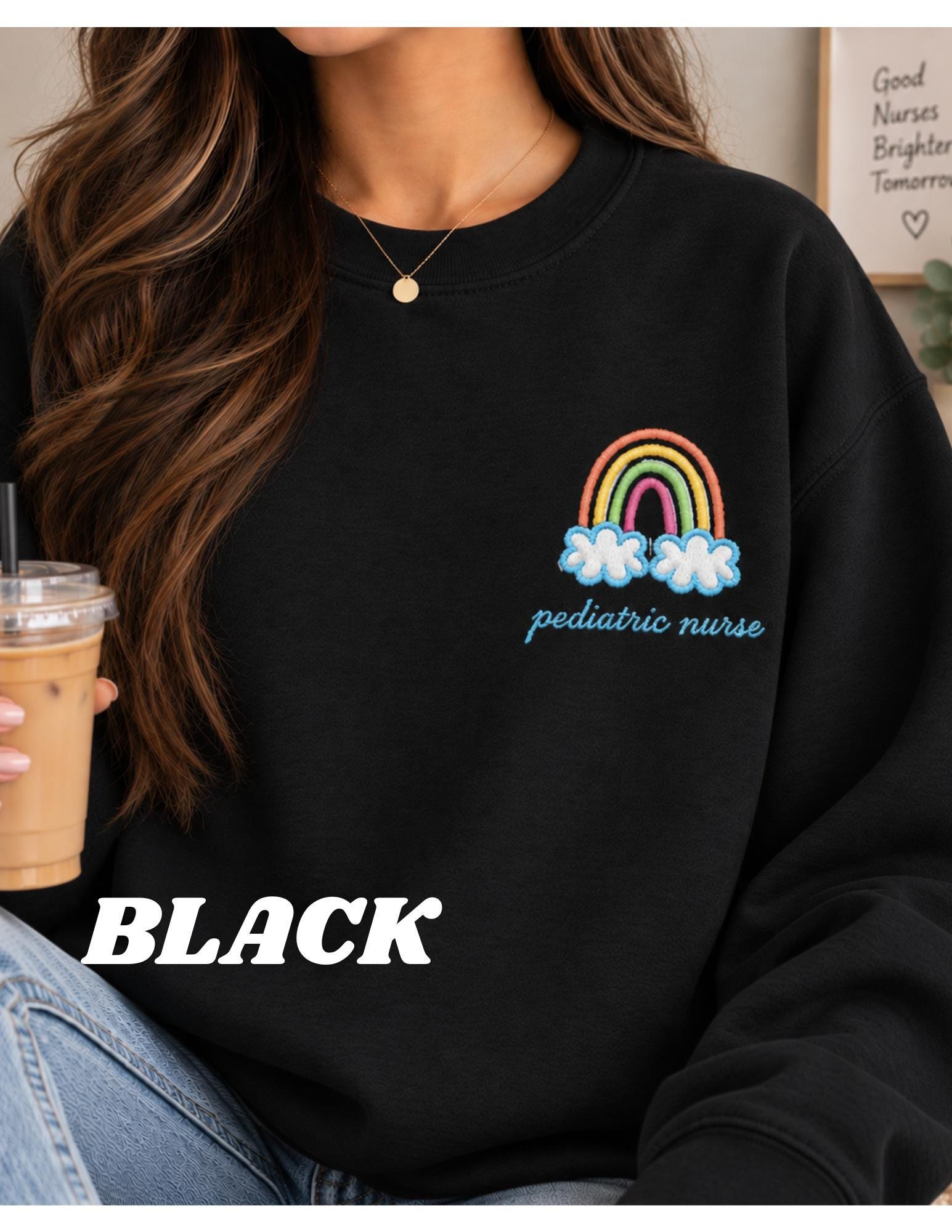 Pediatric nurse Rainbow Cloud Illustration Crewneck, new grad RN nurses week gift detail 9
