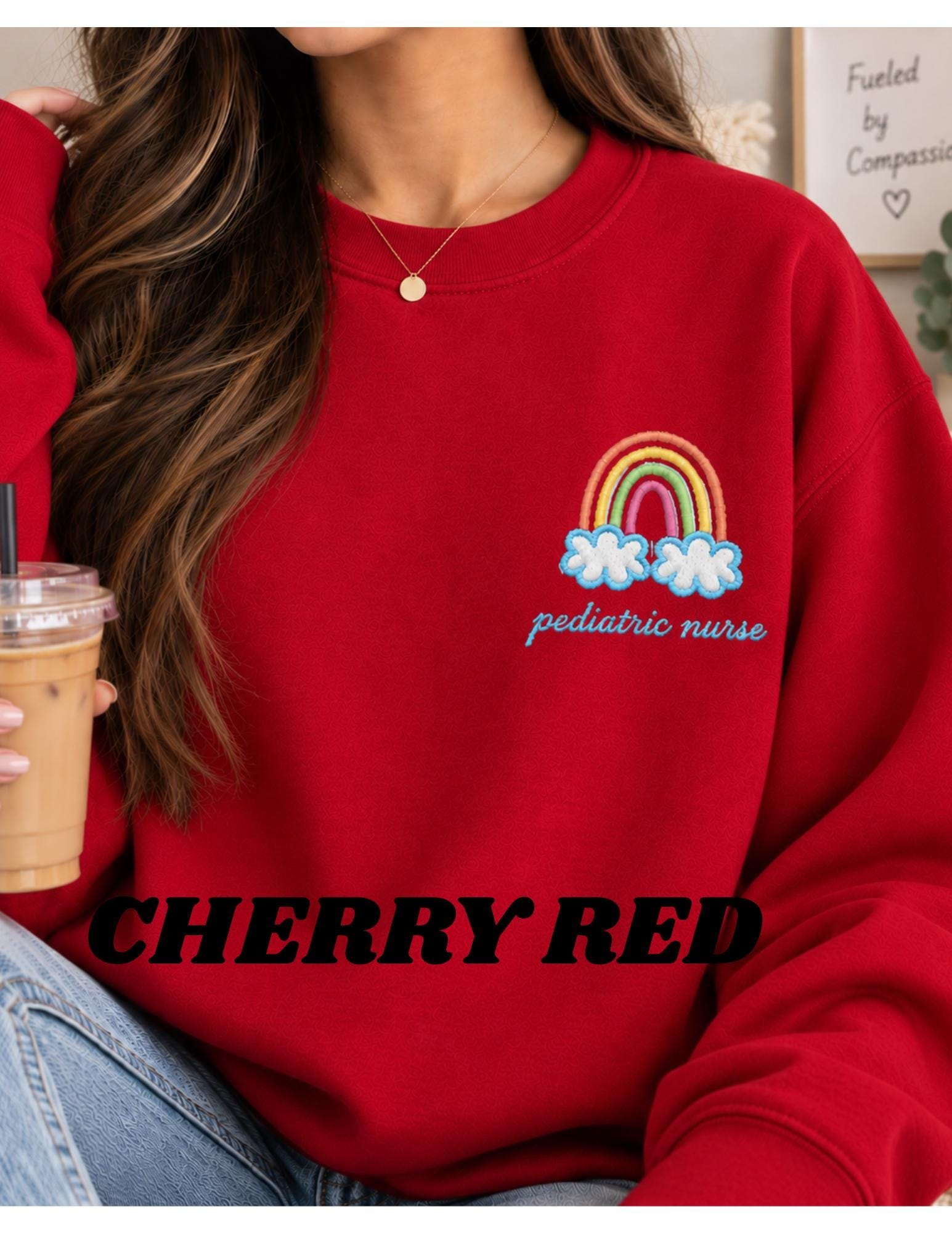 Pediatric nurse Rainbow Cloud Illustration Crewneck, new grad RN nurses week gift detail 10