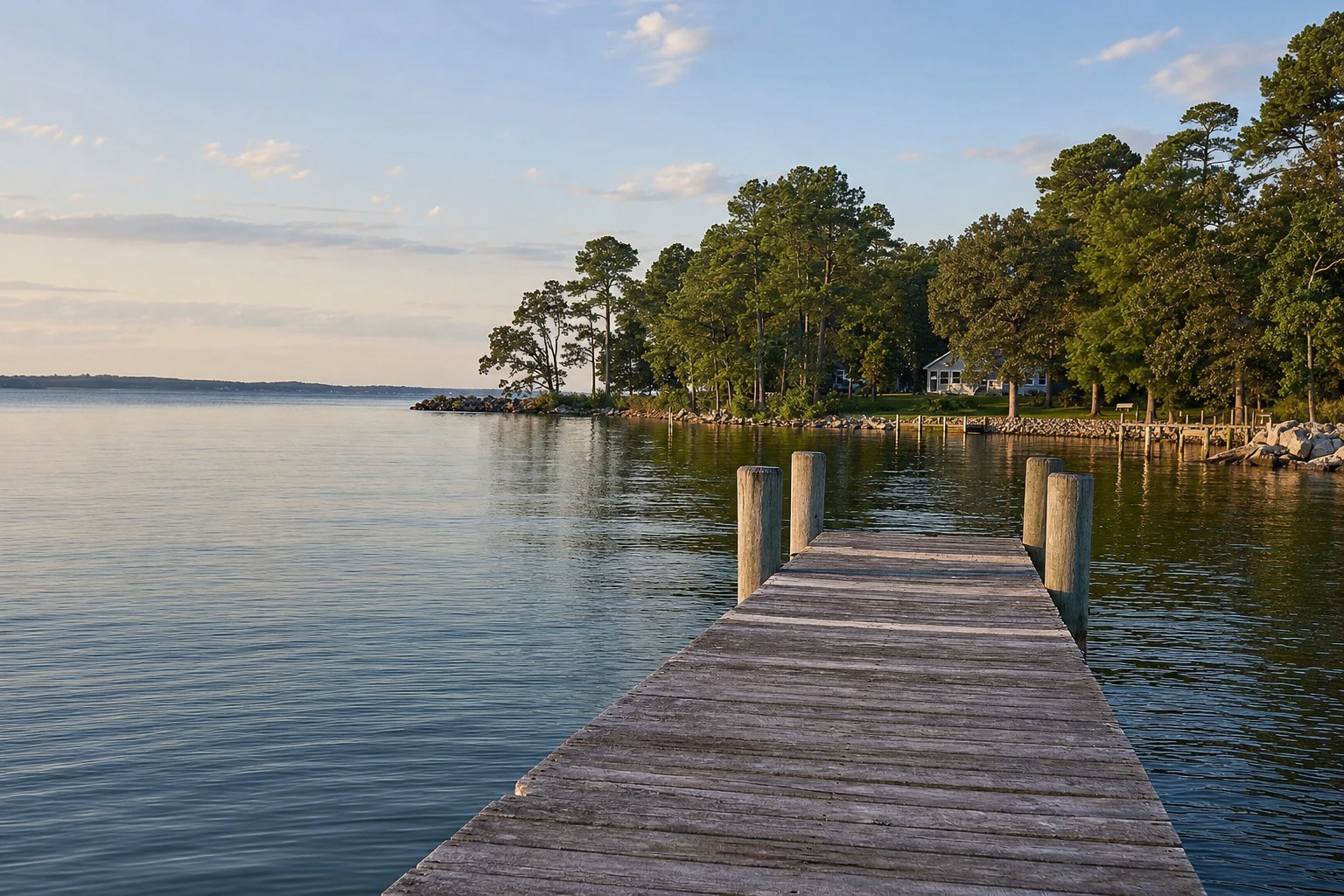 Private dock reaching into calm Chesapeake Bay water