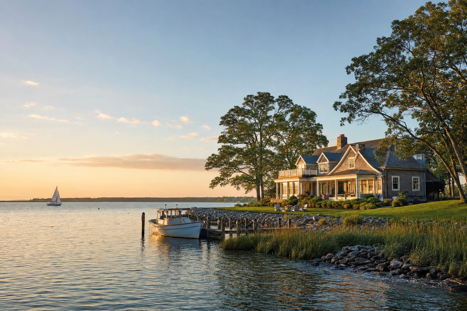 Maryland waterfront home beside a private dock at golden hour