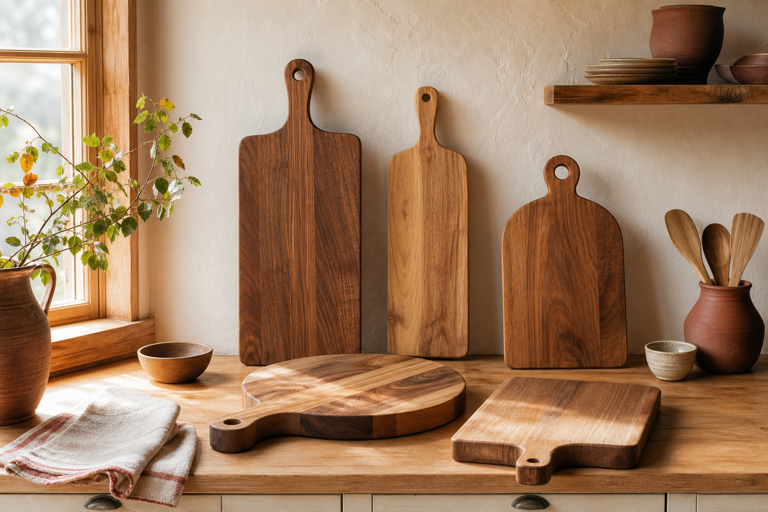 Collection of handcrafted wooden cutting boards in a sunlit kitchen