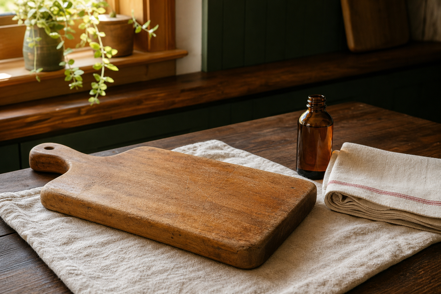 Wooden cutting board, amber oil bottle, and linen cloth in a sunlit kitchen