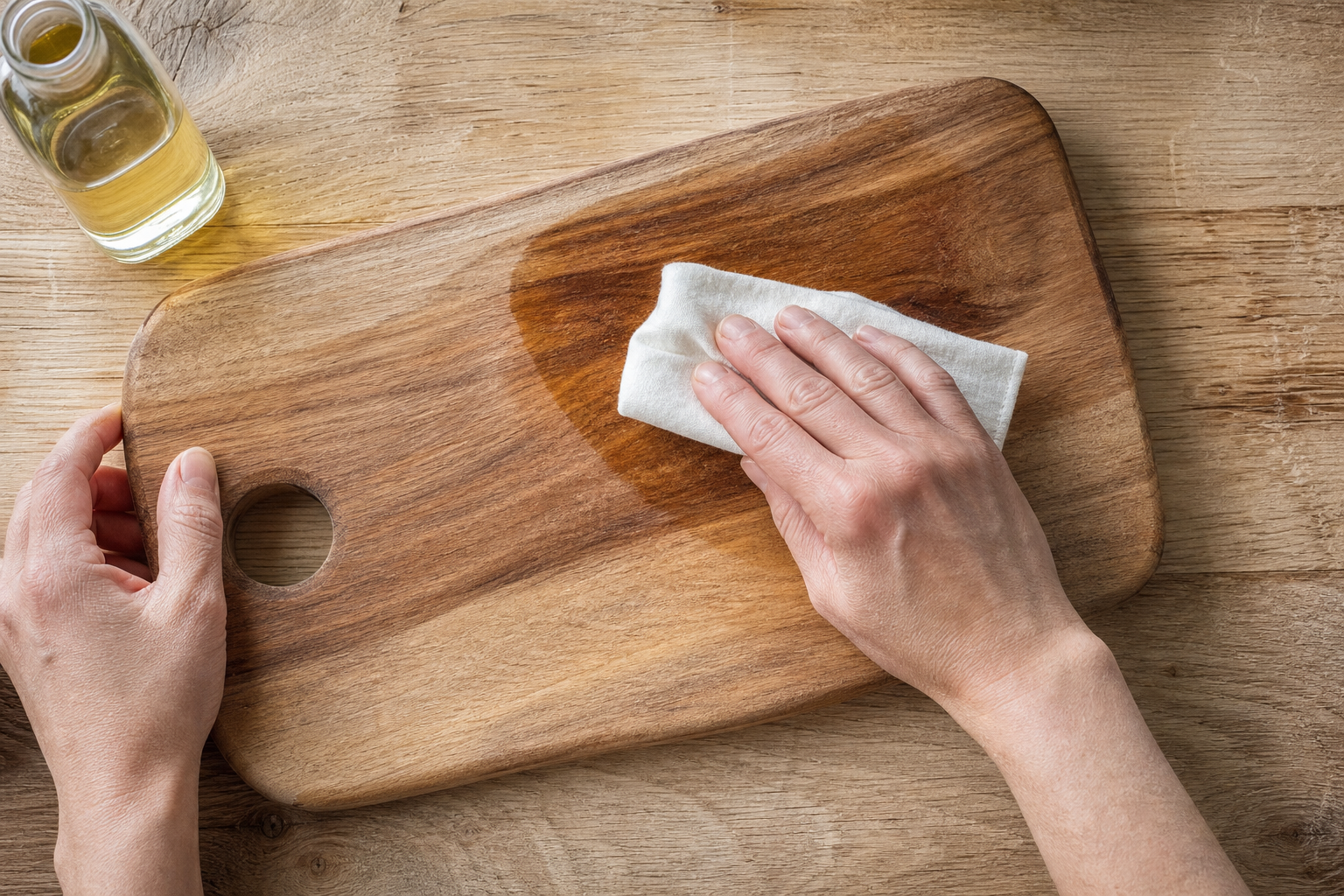 Hands rubbing mineral oil into a wooden cutting board with a white cloth