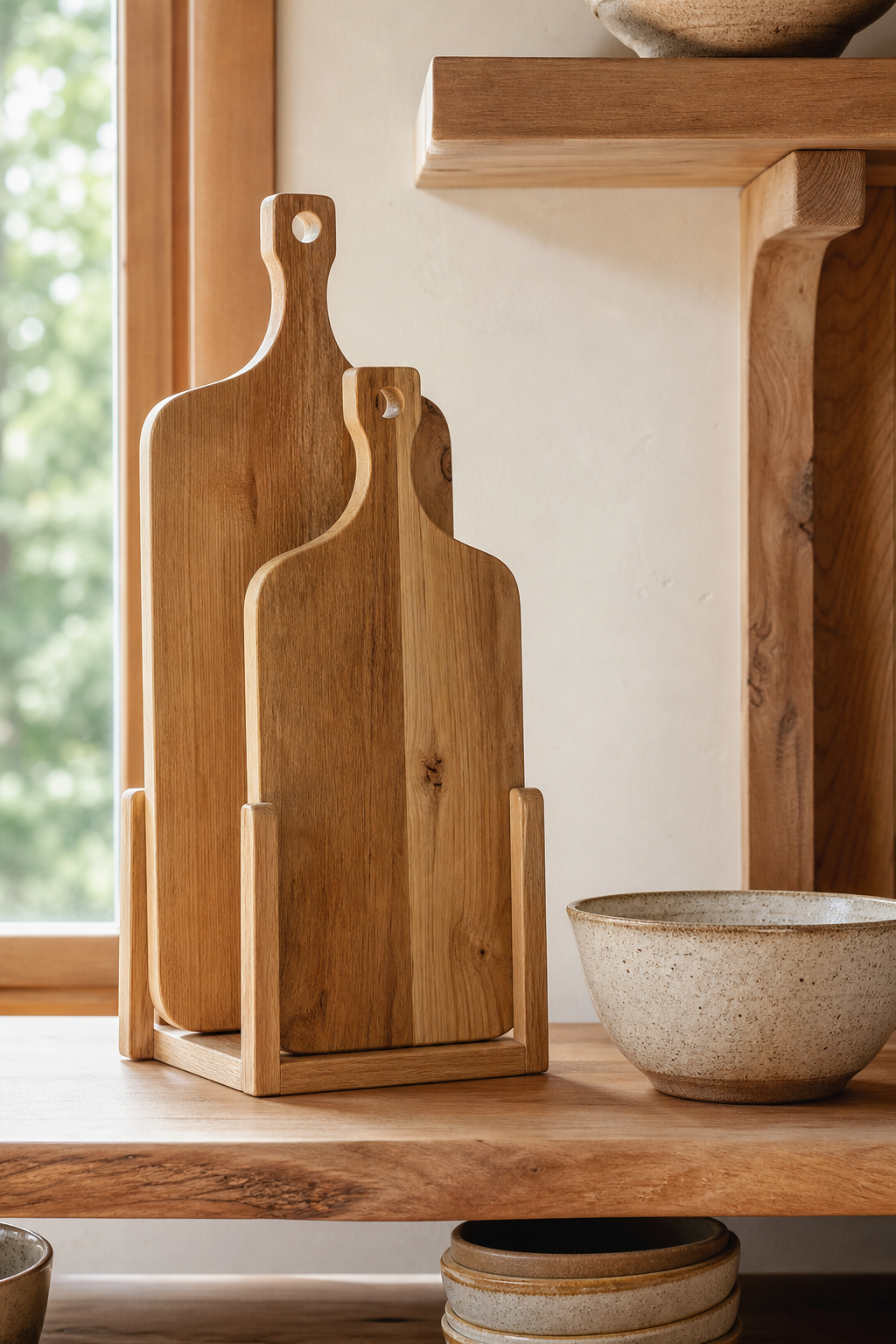 Two wooden cutting boards standing upright in an open kitchen rack