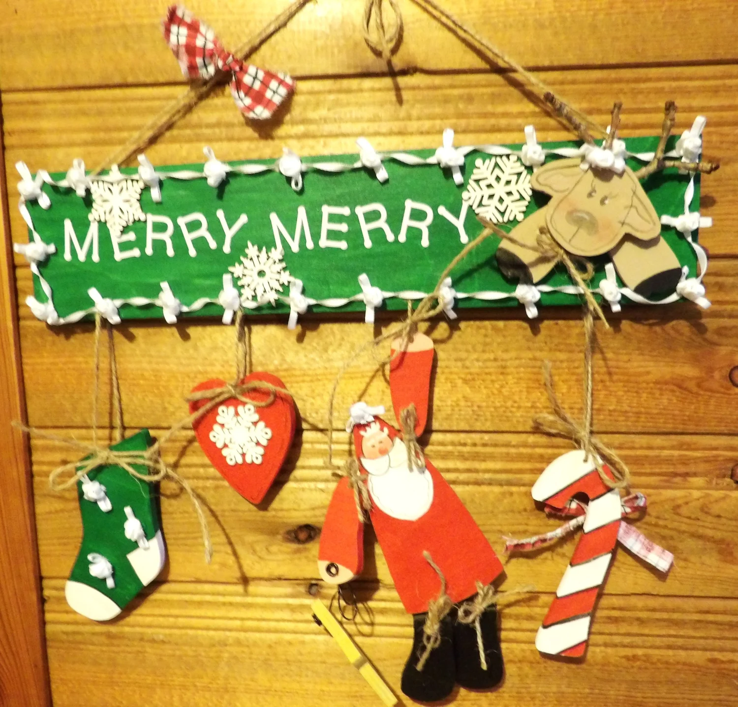 Decorative Wood : Holidays/Christmas  MERRY MERRY SIGN WITH DANGLES: SANTA, REINDEER, STOCKING, CANDY CANE