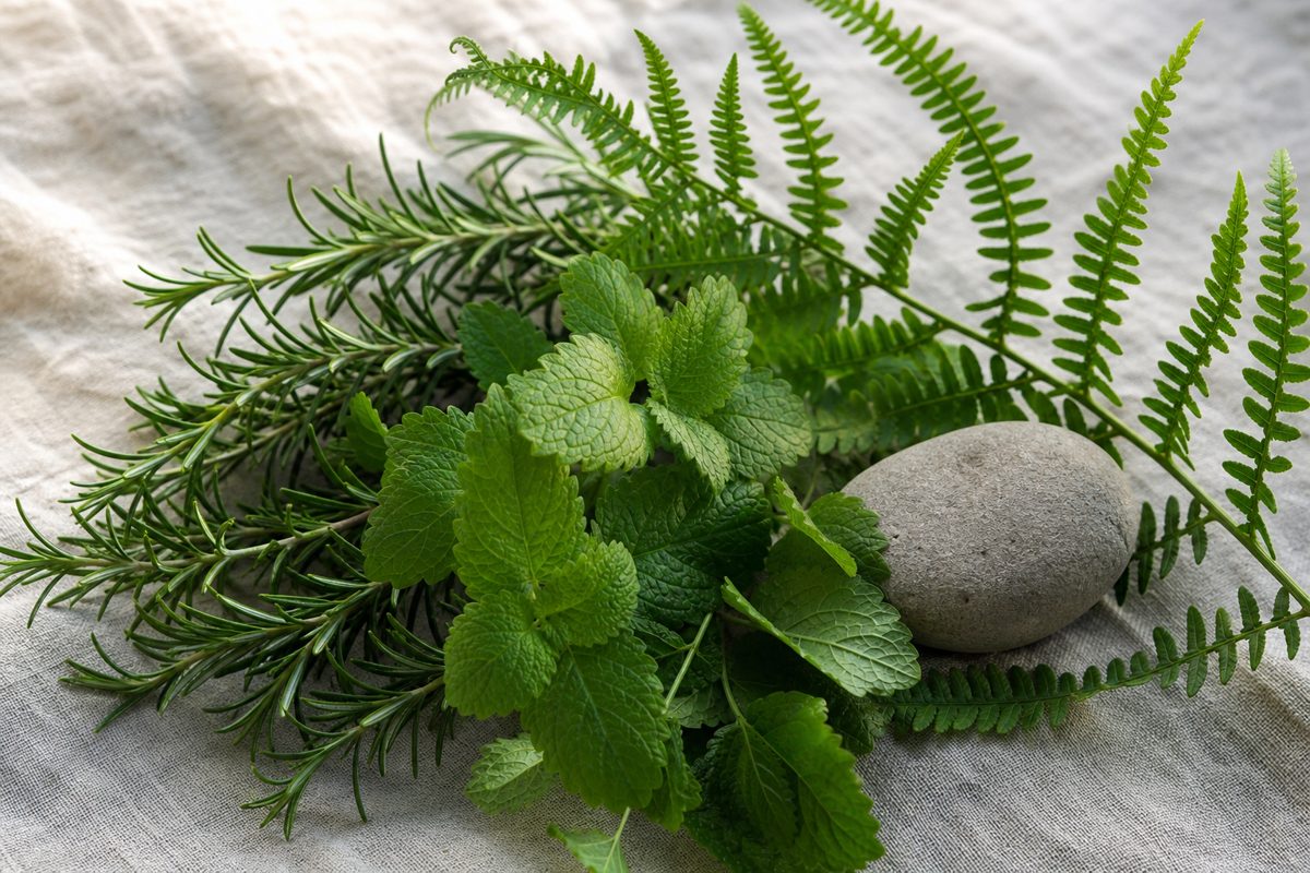 Rosemary, fern fronds and green leaves on natural linen beside a smooth stone