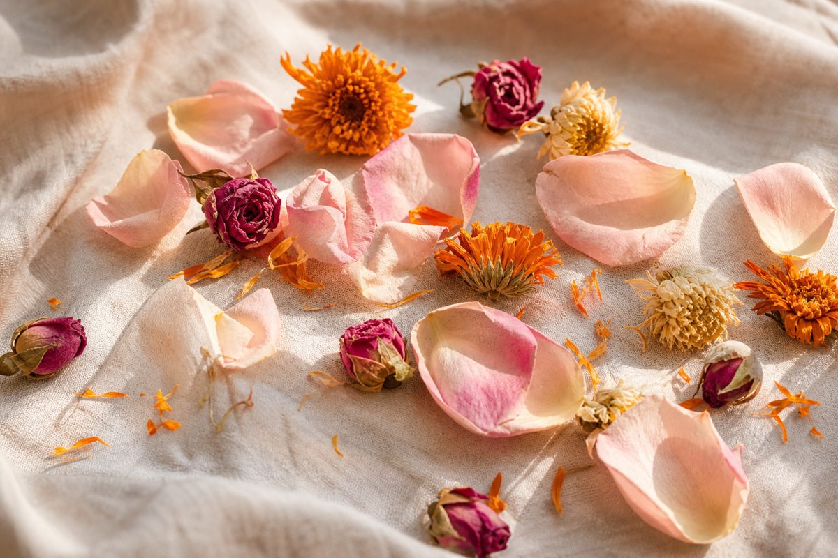 Rose petals, rosebuds and calendula blossoms on natural linen