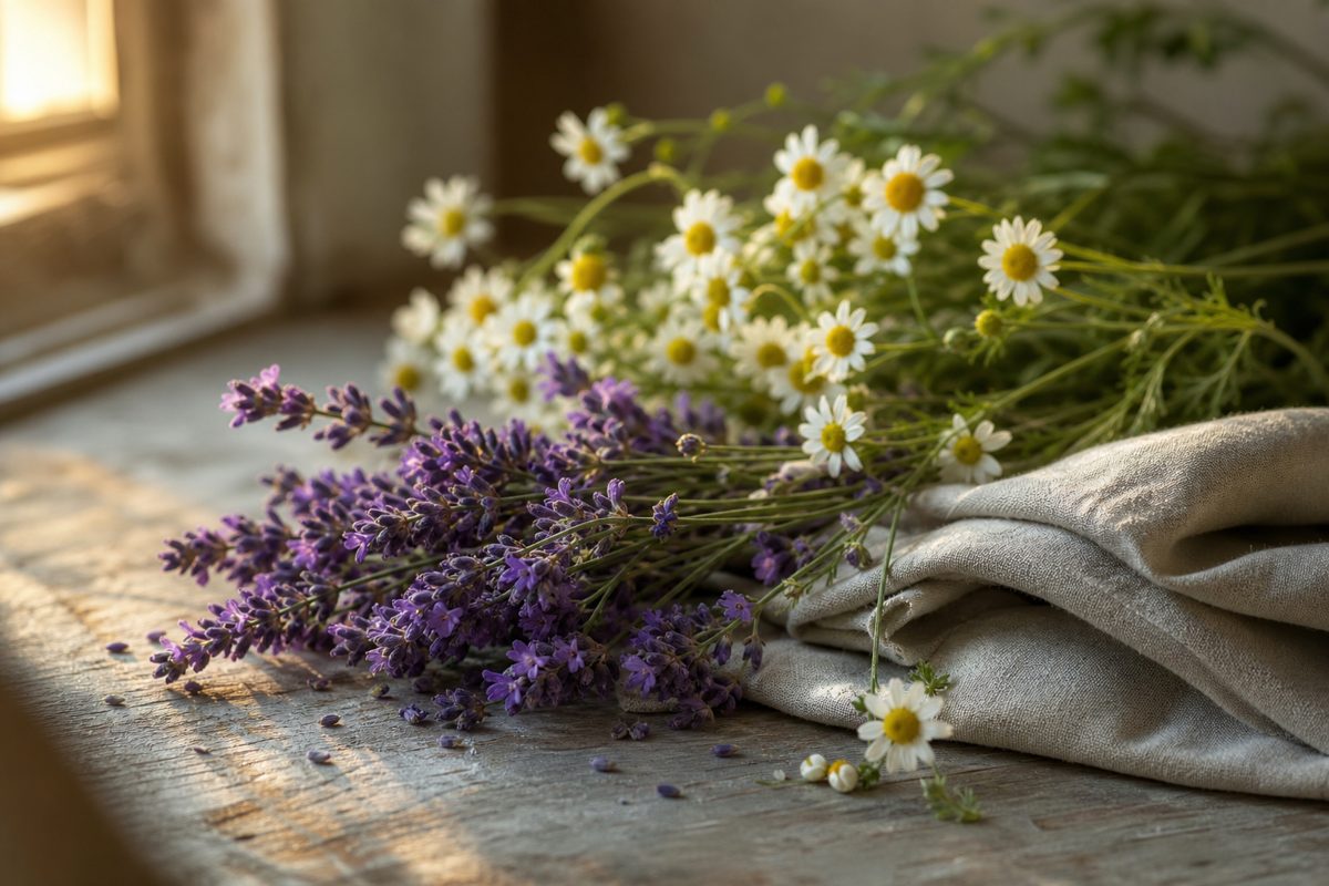 Lavender sprigs and chamomile flowers beside folded linen