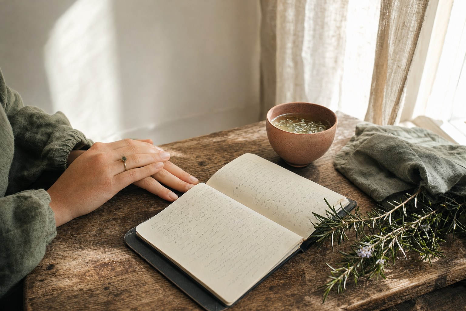 Journal and herbal tea in a sunlit studio